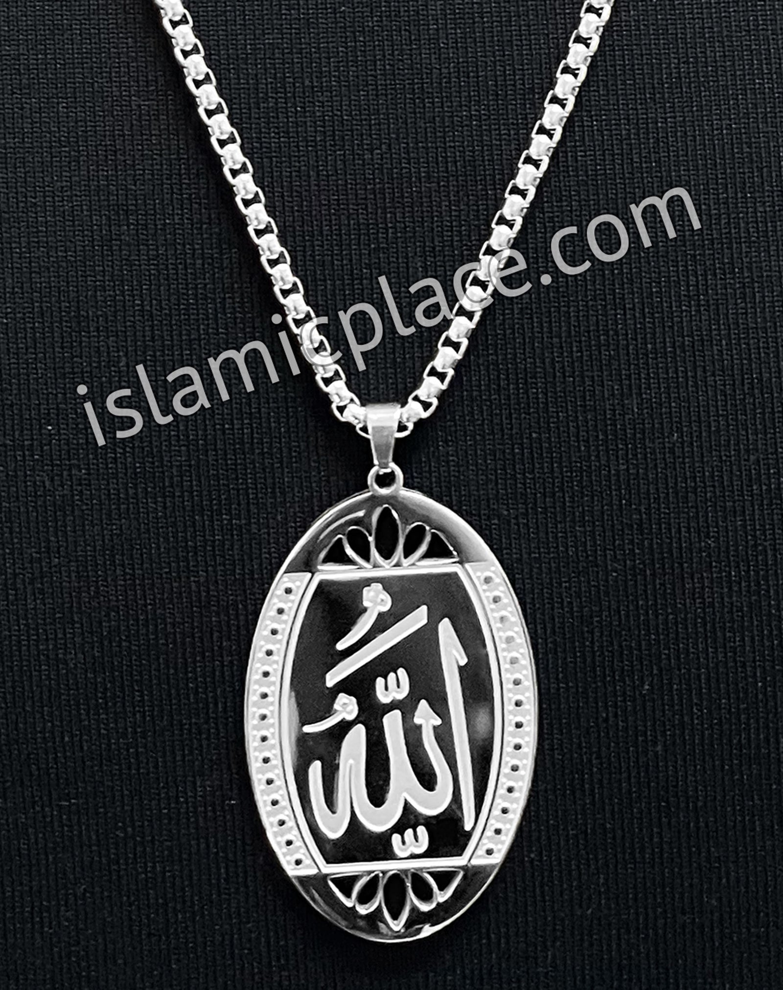 Silver Oval Shaped Allah Stainless Steel Necklace - jp10