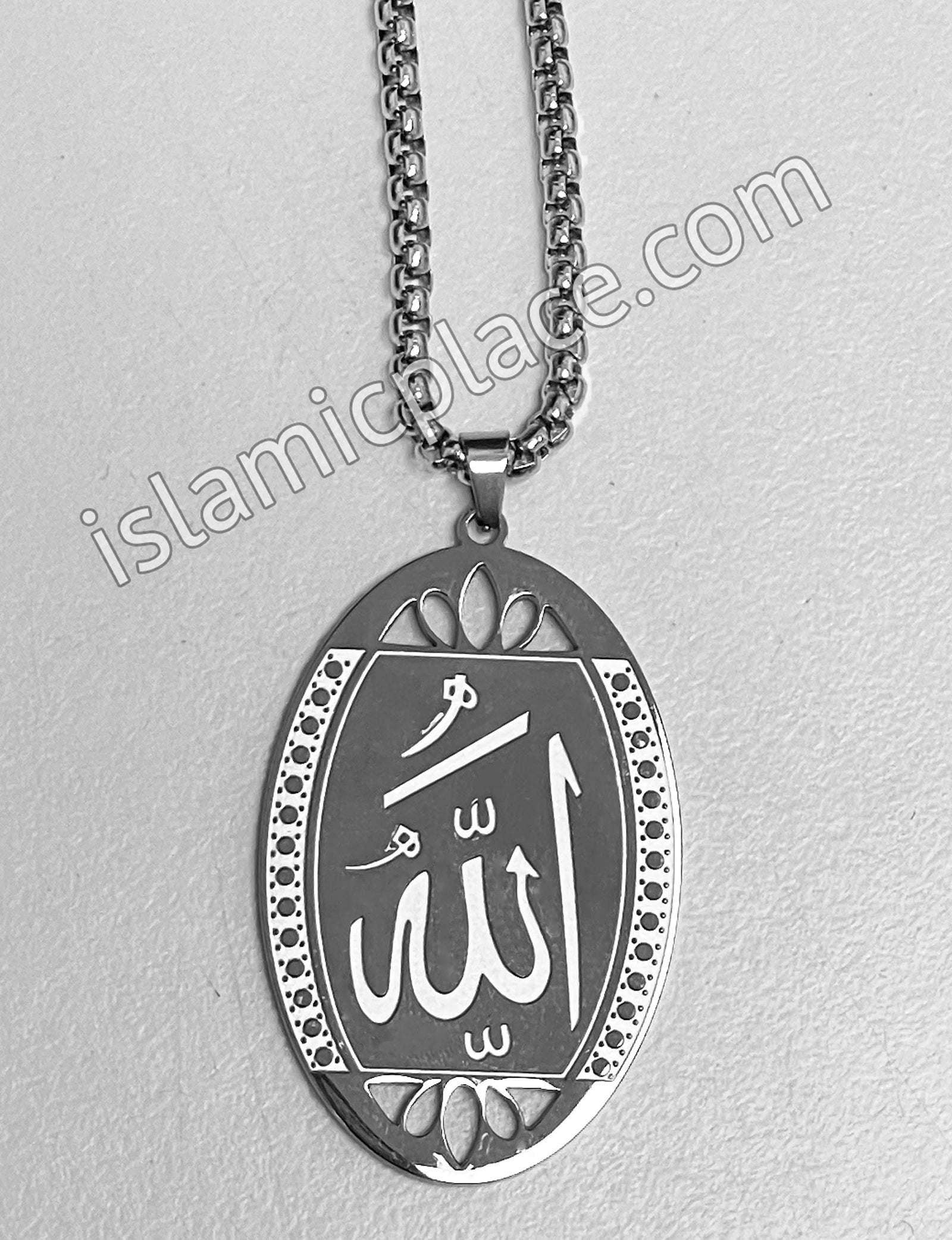 Silver Oval Shaped Allah Stainless Steel Necklace - jp10