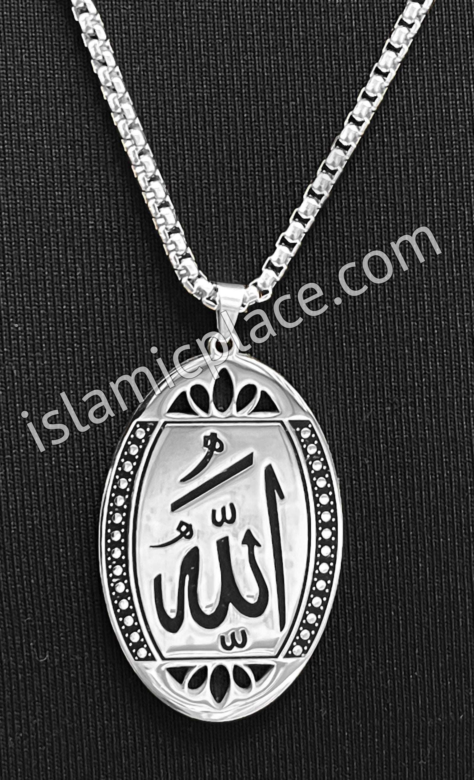 Silver and Black Oval Shaped Allah Stainless Steel Necklace - jp11