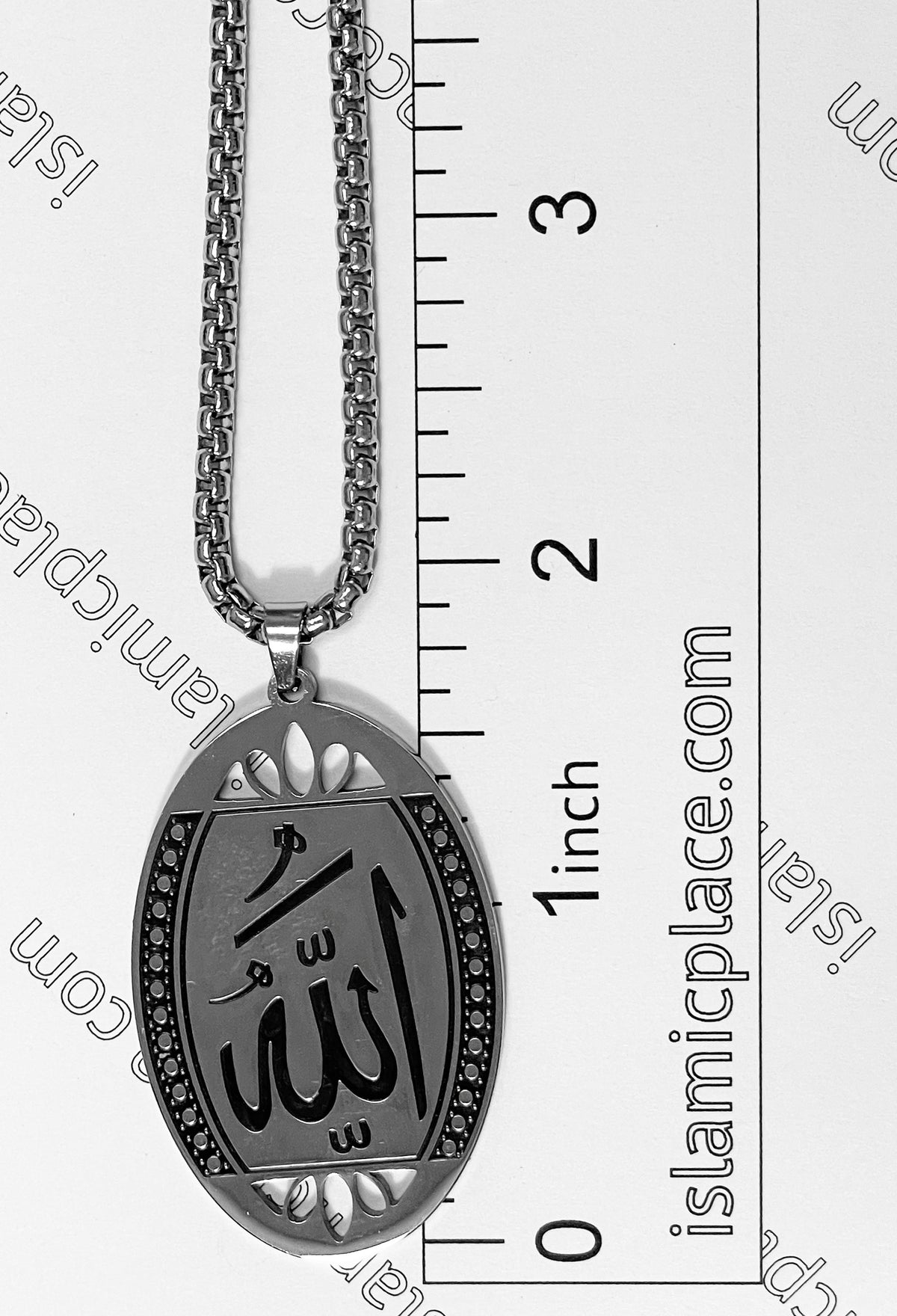 Silver and Black Oval Shaped Allah Stainless Steel Necklace - jp11