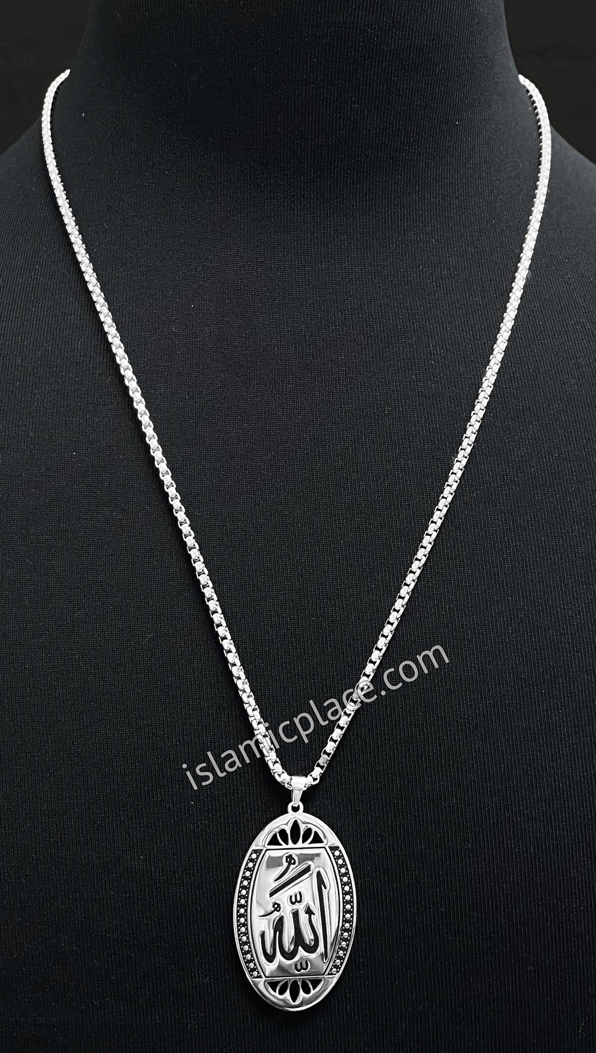 Silver and Black Oval Shaped Allah Stainless Steel Necklace - jp11