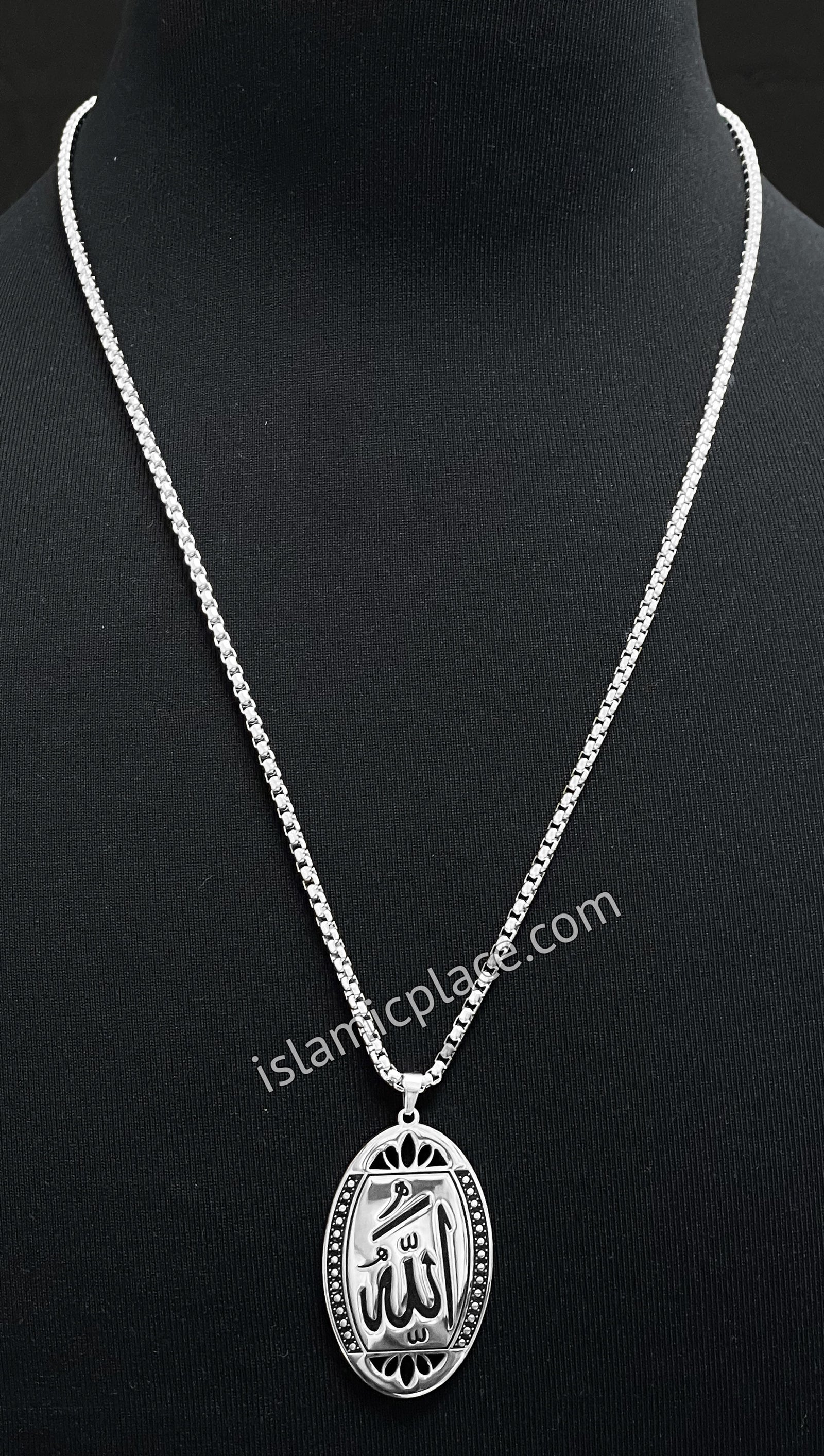 Silver and Black Oval Shaped Allah Stainless Steel Necklace - jp11