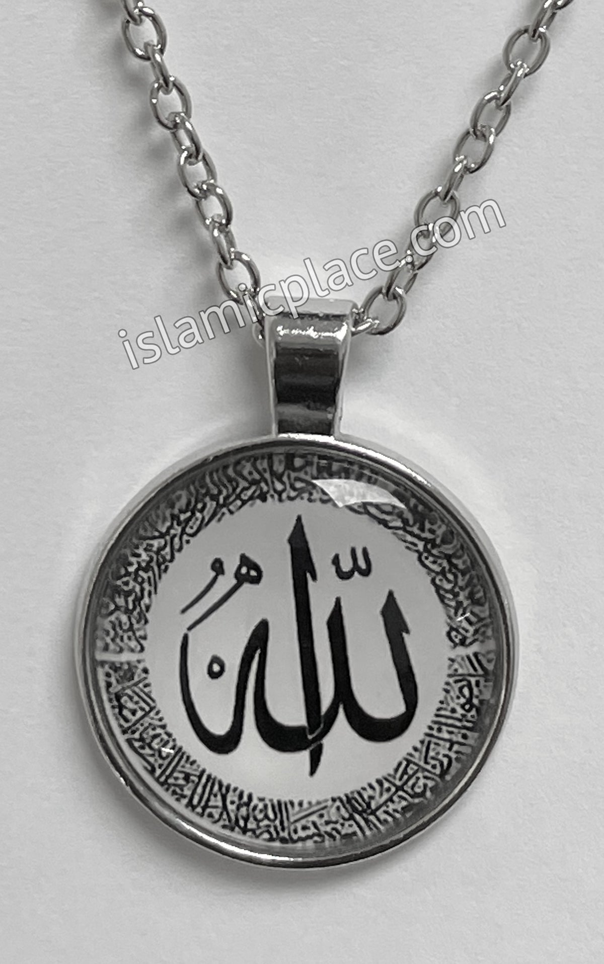 White Allah Necklace with Black Arabic calligraphy Border - Stainless Steel - jp25