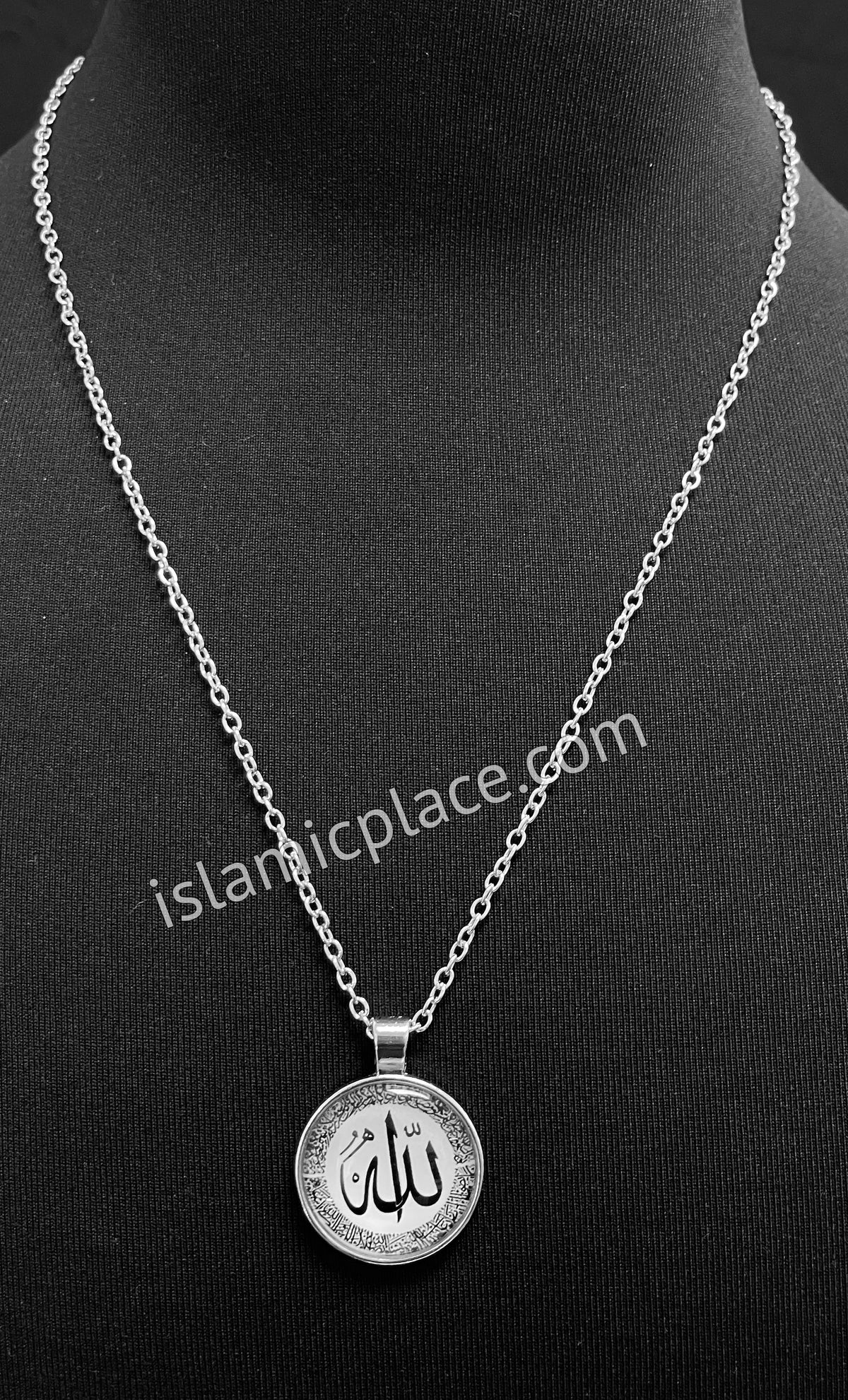 White Allah Necklace with Black Arabic calligraphy Border - Stainless Steel - jp25