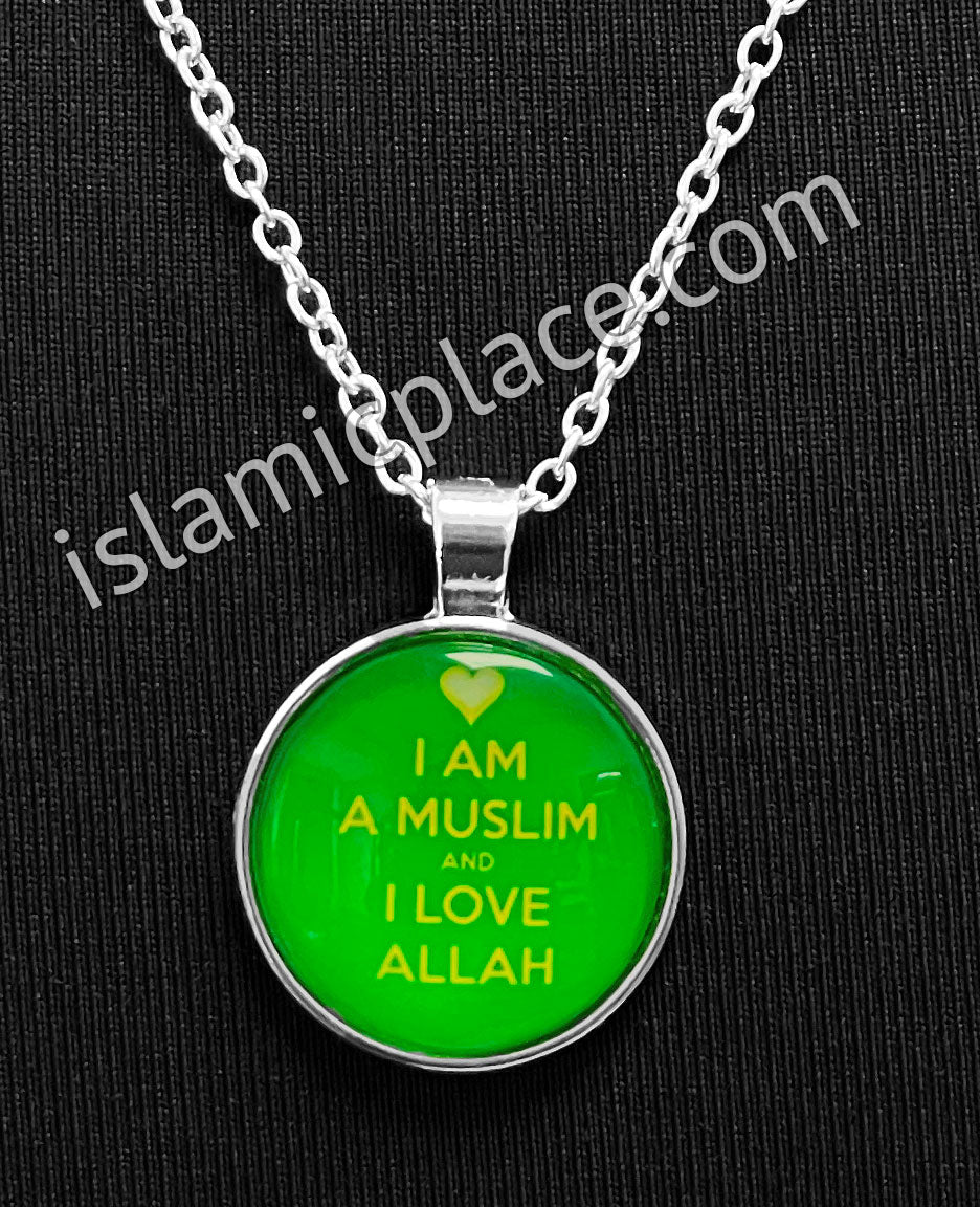 Green and Yellow " I AM A MUSLIM and I LOVE ALLAH" Stainless Steel Necklace - jp26