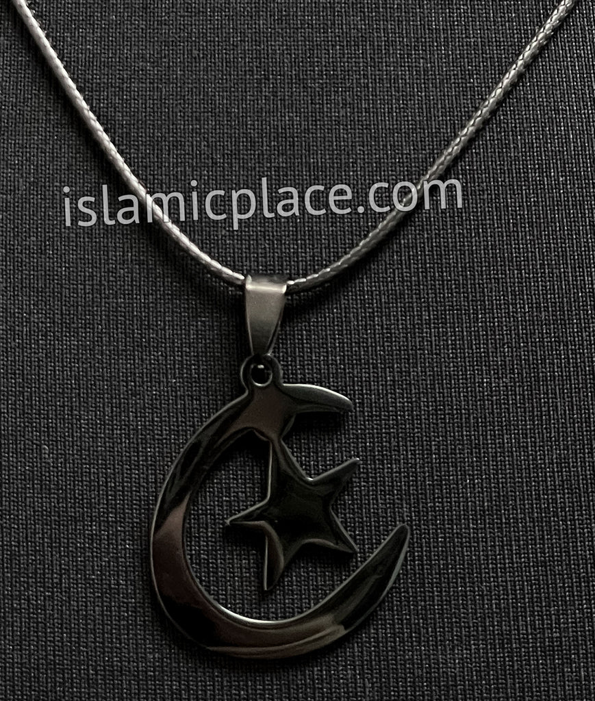 Black Crescent Moon and Star Stainless Steel Necklace - jp28 - The