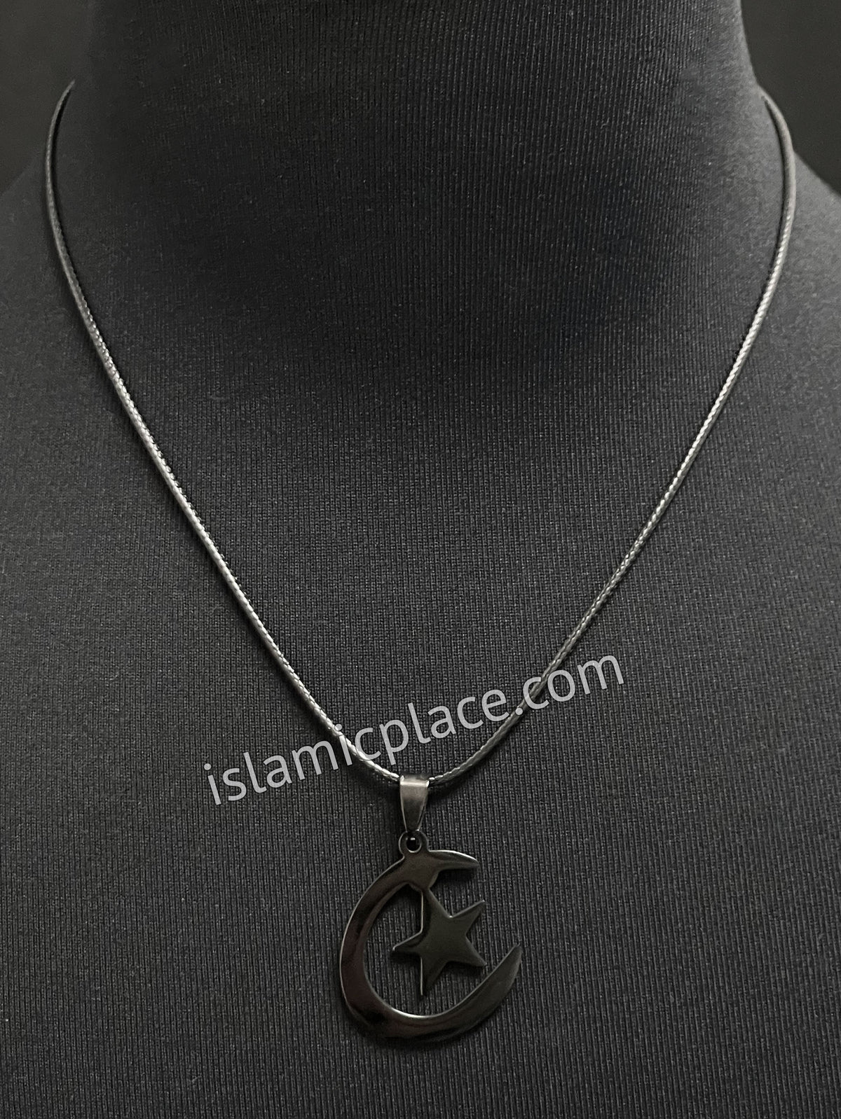 Black Crescent Moon and Star Stainless Steel Necklace - jp28