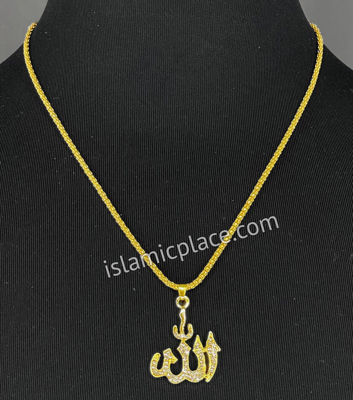 Gold with Rimestone Allah Stainless Steel Necklace - jp36