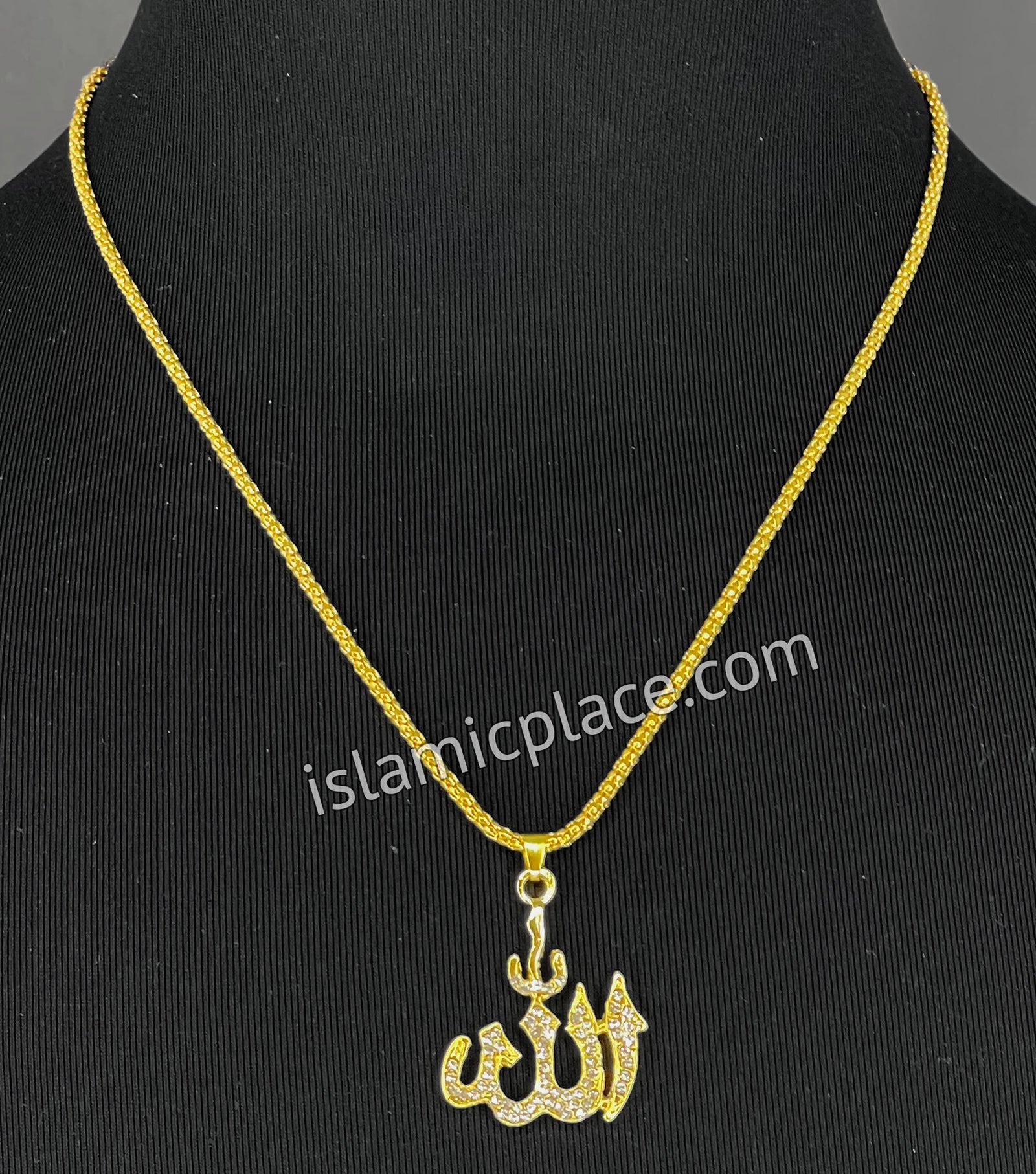 Gold with Rimestone Allah Stainless Steel Necklace - jp36