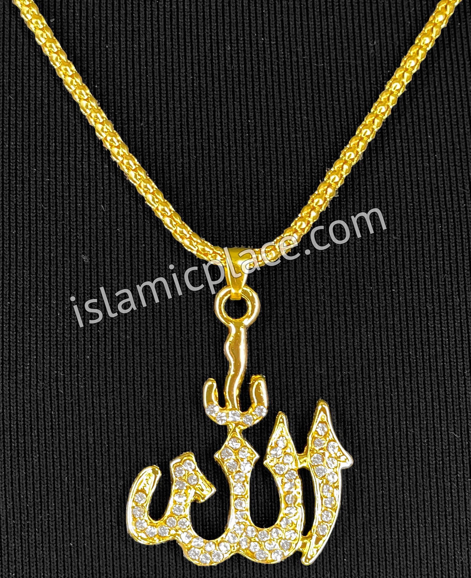Gold with Rimestone Allah Stainless Steel Necklace - jp36
