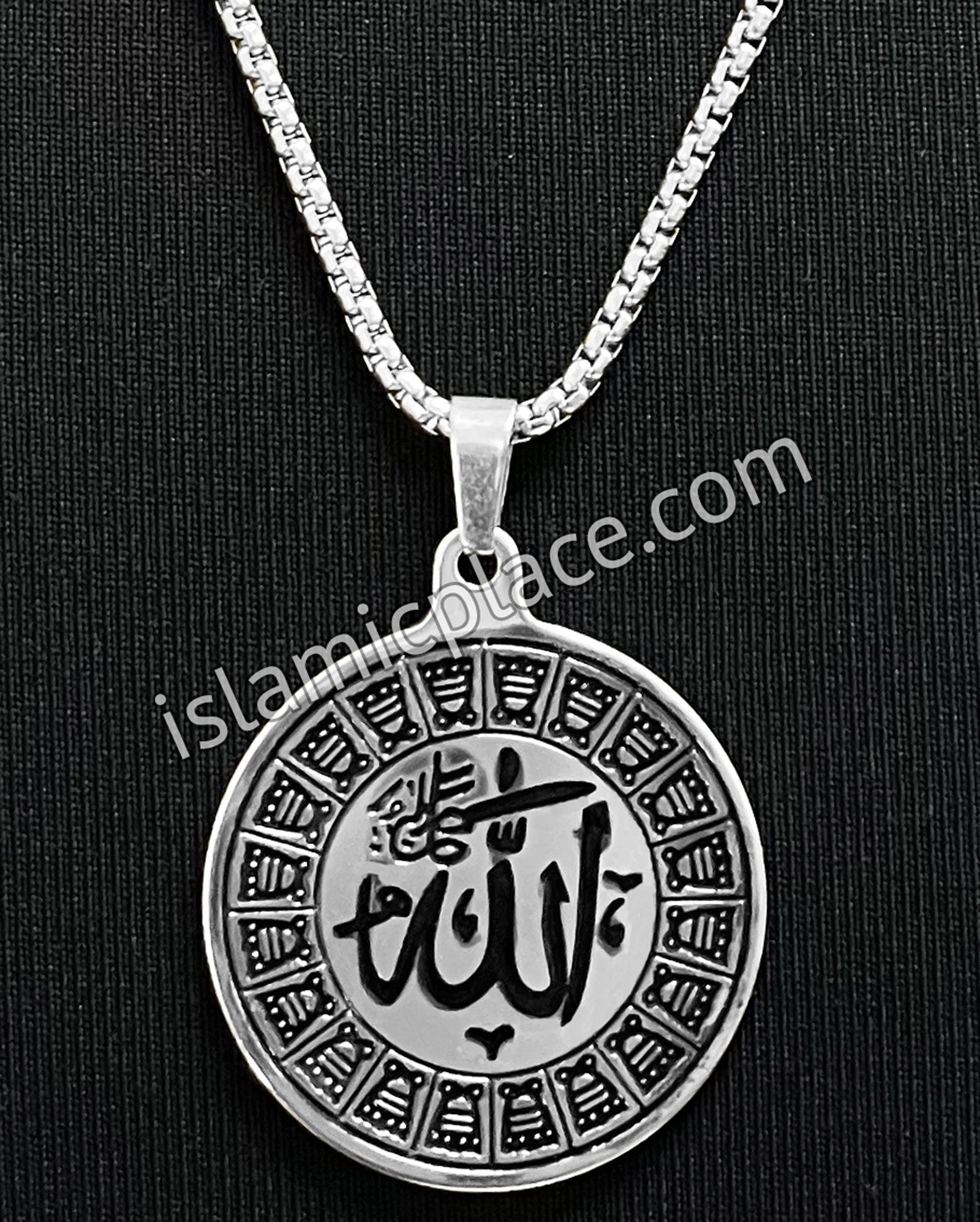 Black and Silver - Round Allah Stainless Steel Necklace - jp5