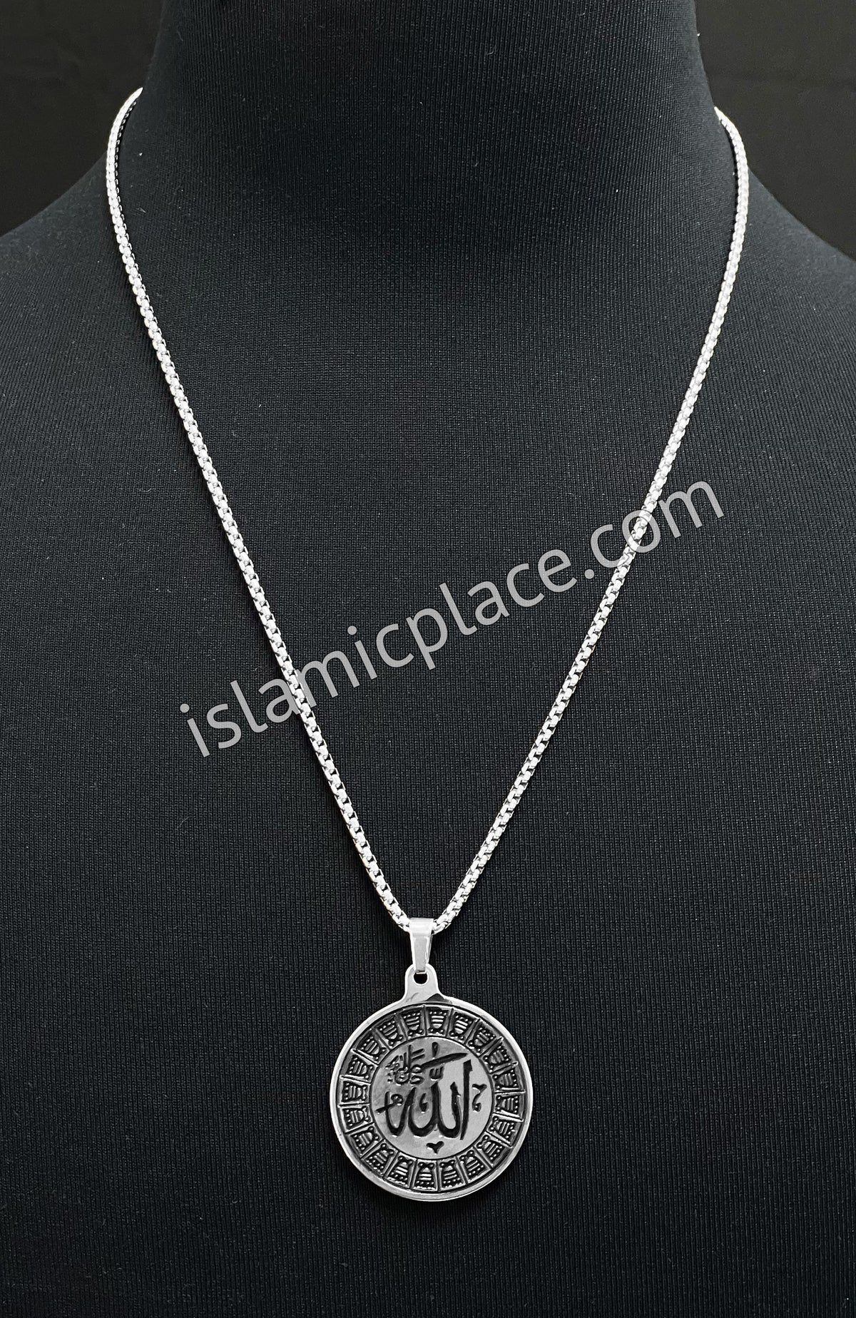 Black and Silver - Round Allah Stainless Steel Necklace - jp5