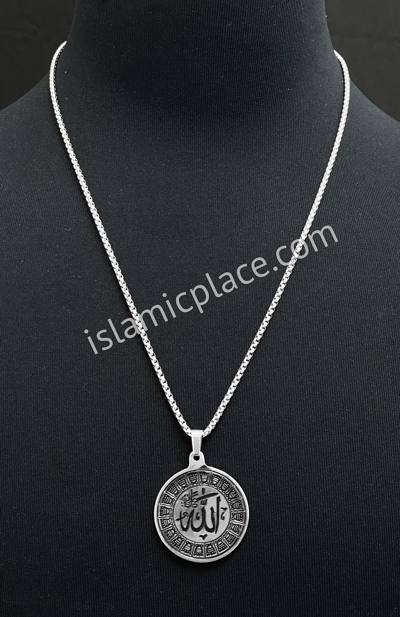 Black and Silver - Round Allah Stainless Steel Necklace - jp5