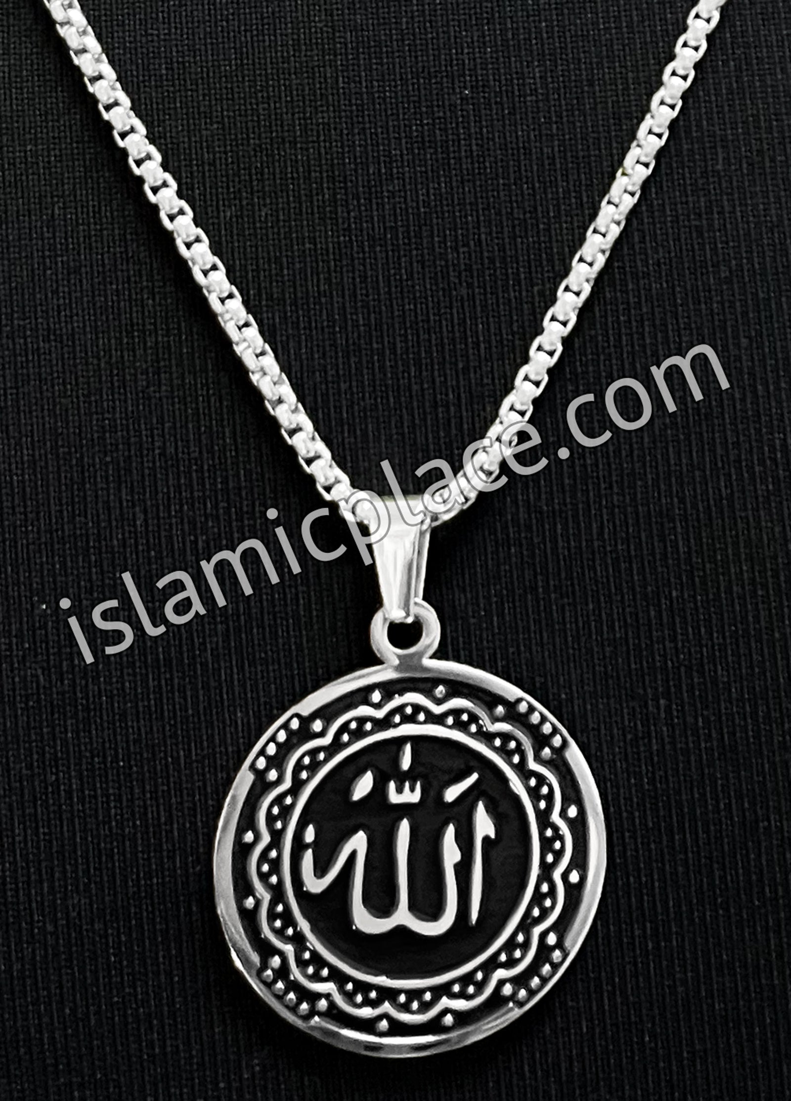 Black and Silver Round Allah Stainless Steel Necklace - jp7