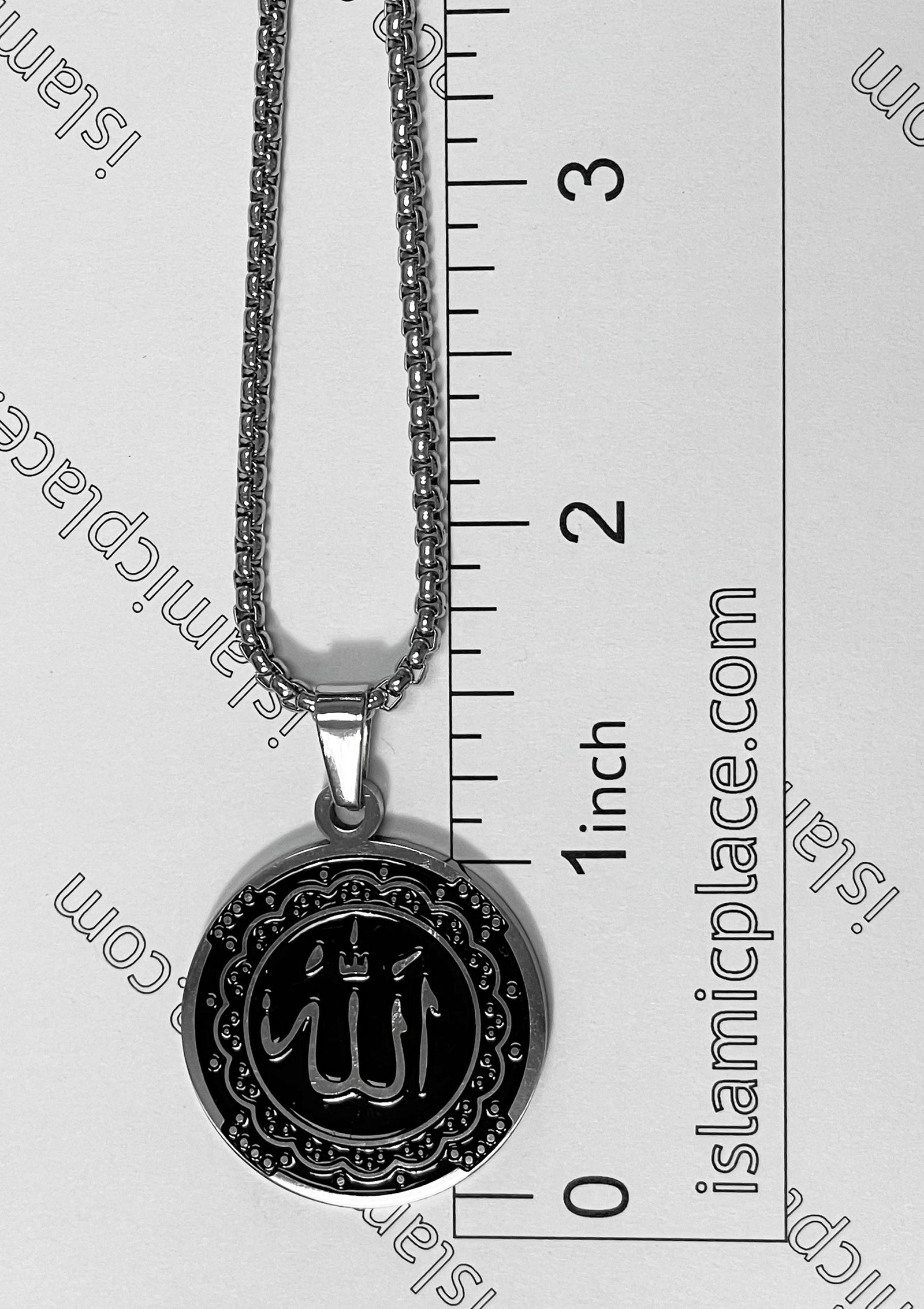 Black and Silver Round Allah Stainless Steel Necklace - jp7