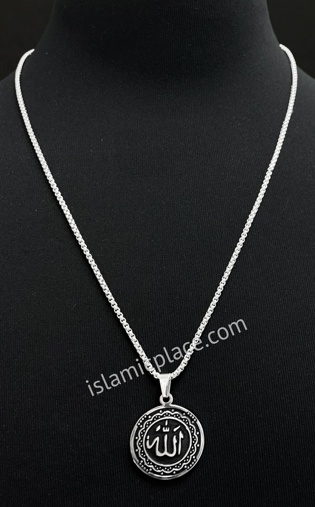 Black and Silver Round Allah Stainless Steel Necklace - jp7