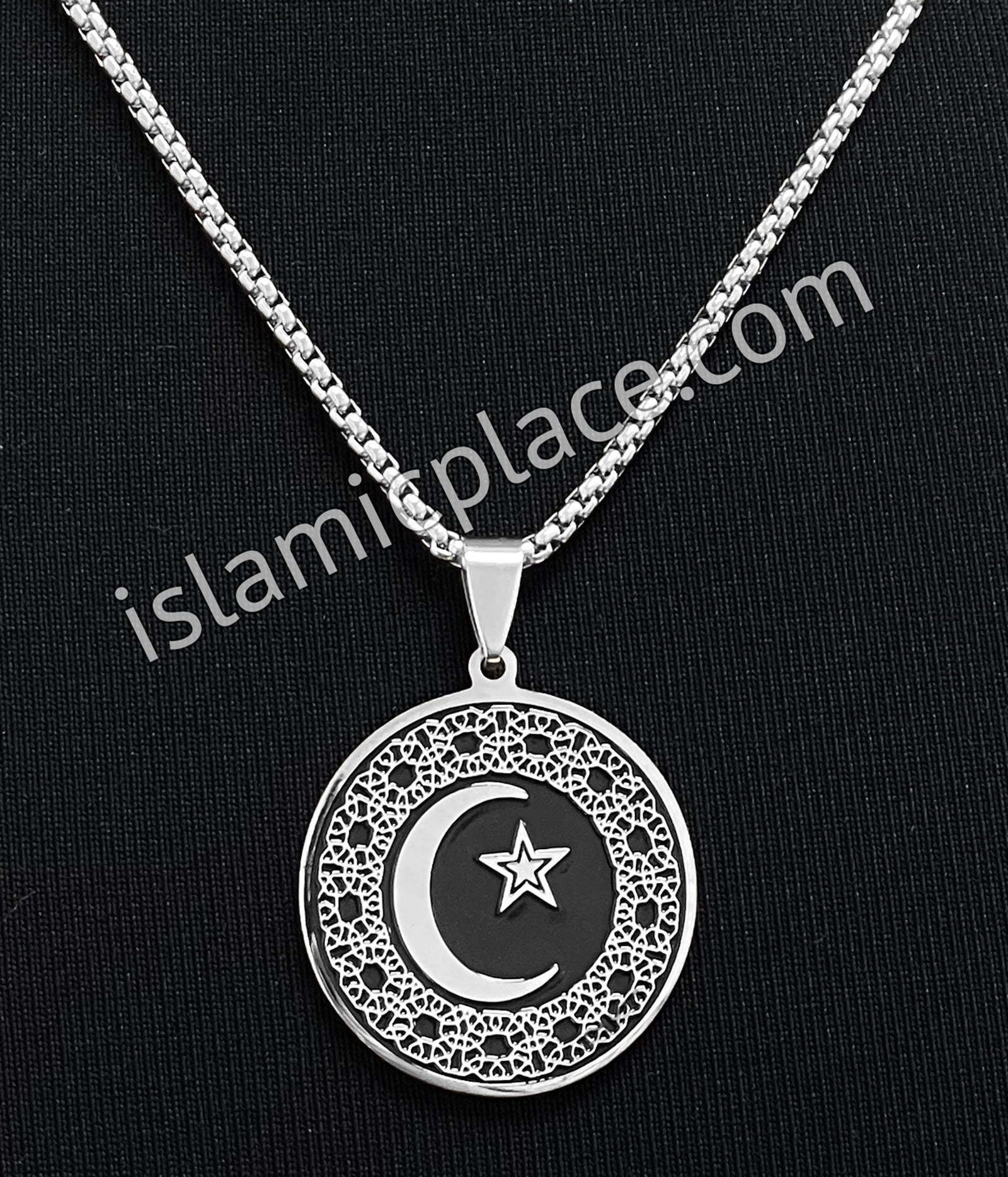 Black and Silver Round Crescent Moon and Star Stainless Steel Necklace - jp9