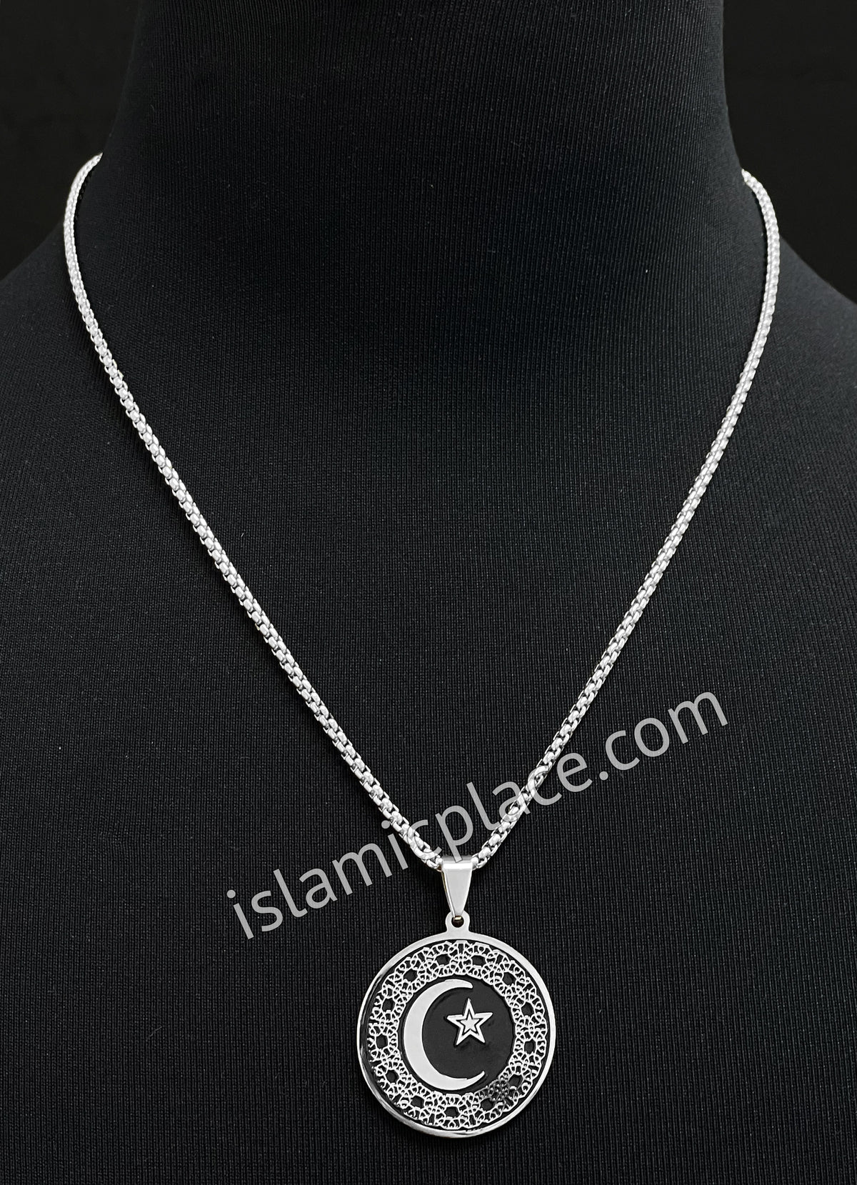Black and Silver Round Crescent Moon and Star Stainless Steel Necklace - jp9