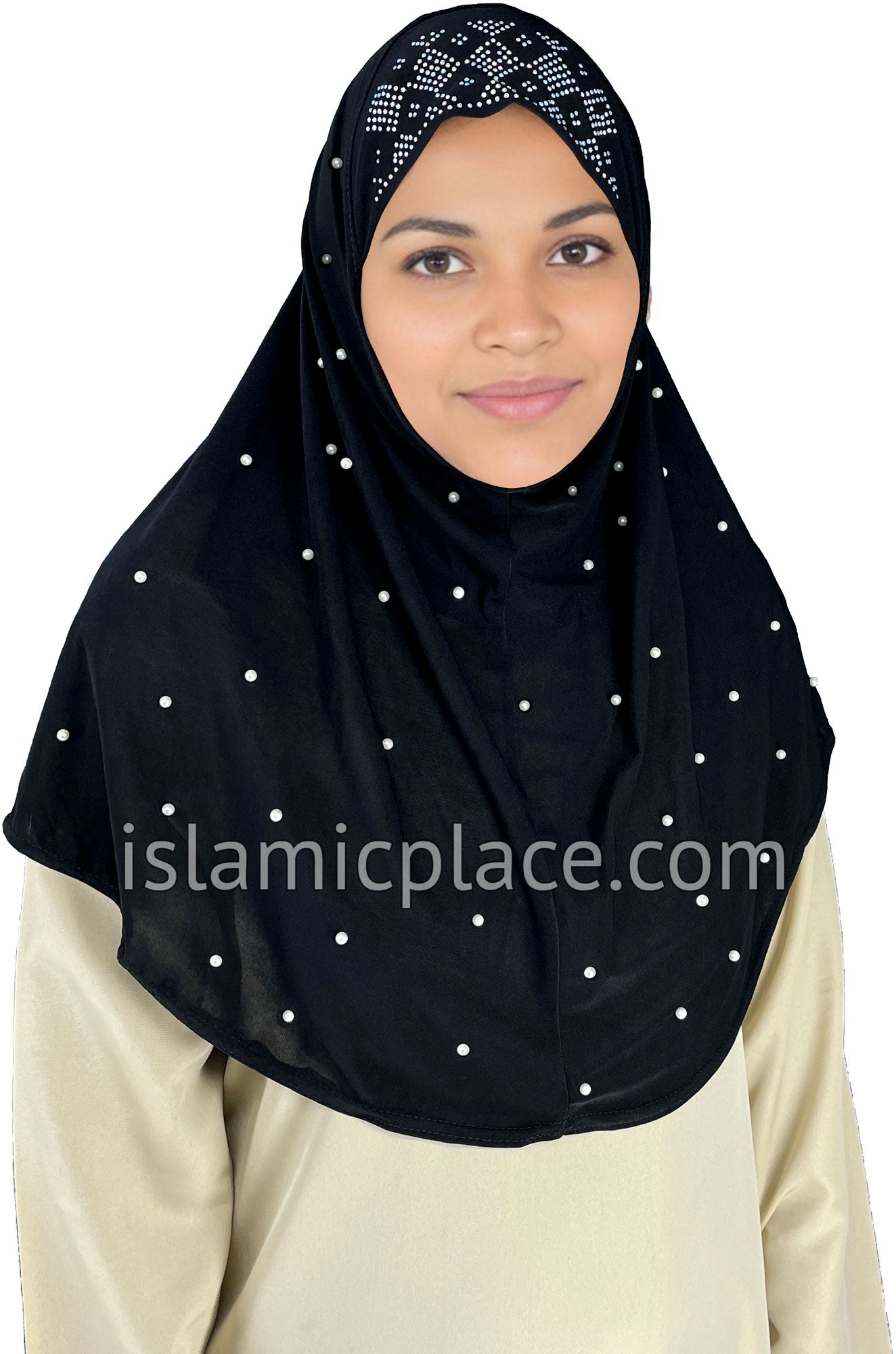 Black - Pearly with Rhinestones Teen to Adult (Large) Hijab Al-Amira (1-piece style) - Design 10