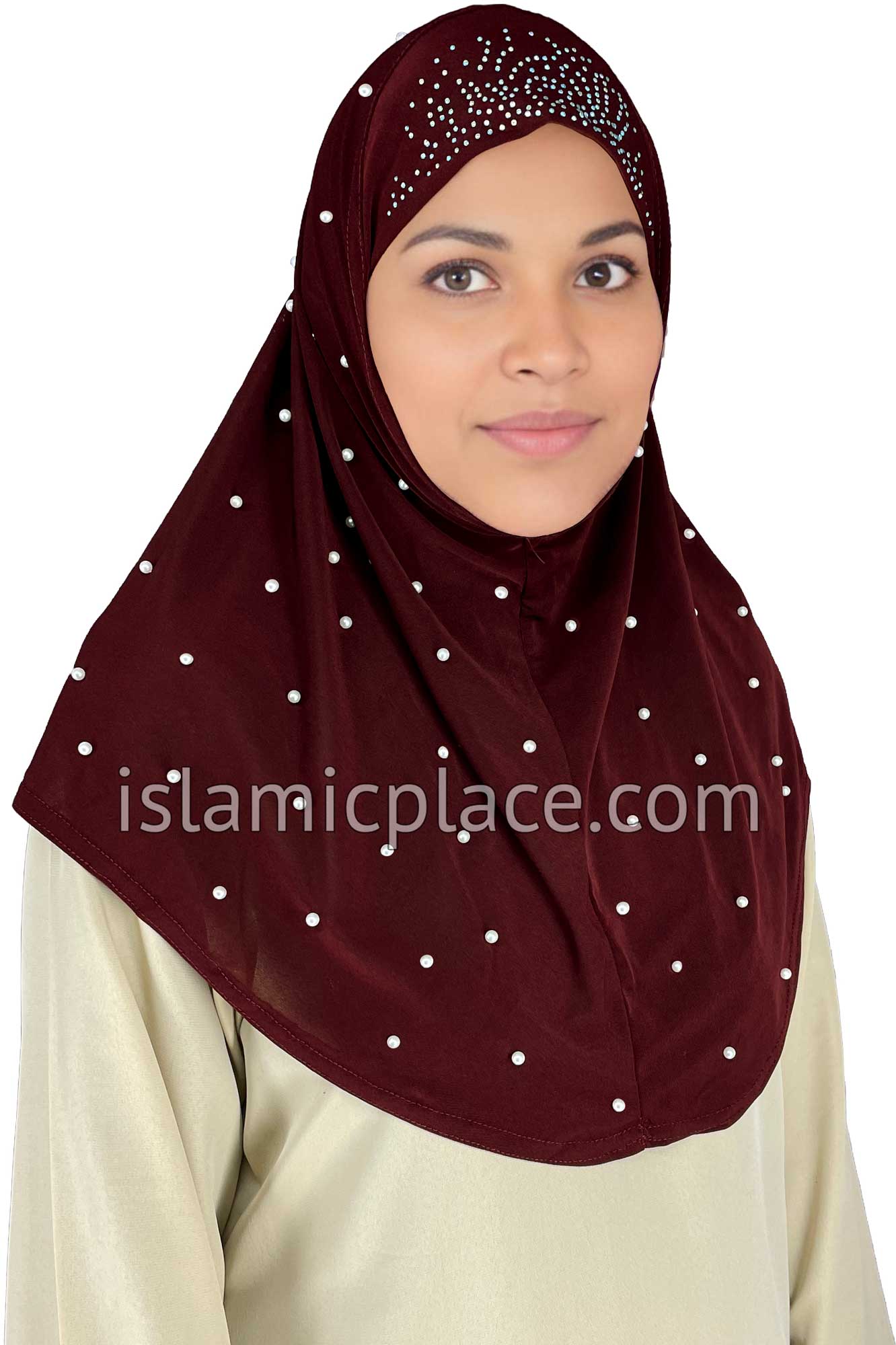 Burgundy - Pearly with Rhinestones Teen to Adult (Large) Hijab Al-Amira (1-piece style) - Design 10