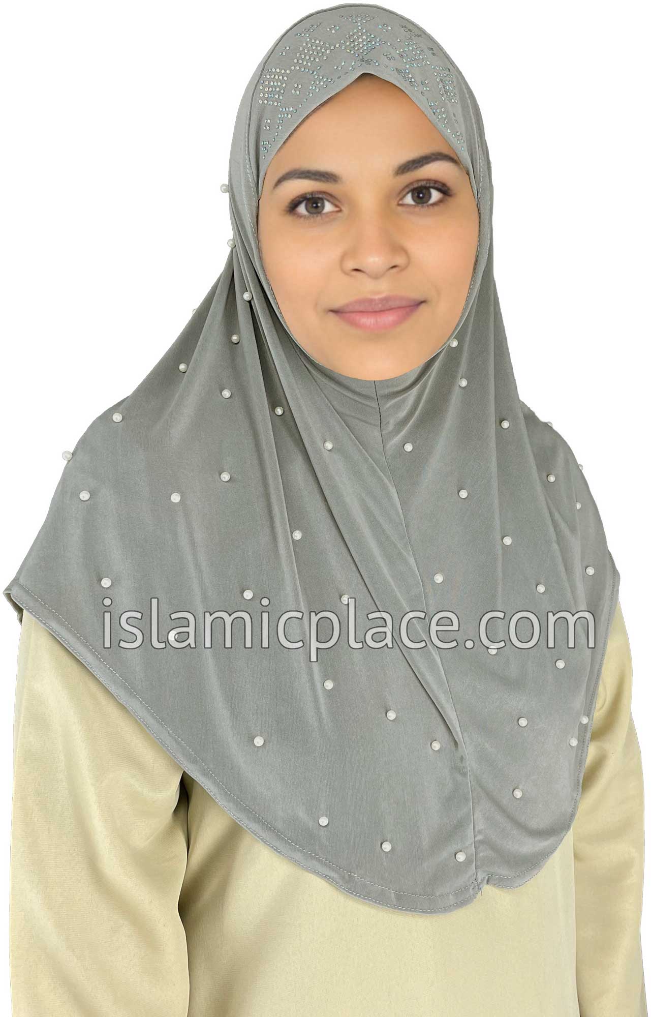Gray - Pearly with Rhinestones Teen to Adult (Large) Hijab Al-Amira (1-piece style) - Design 10