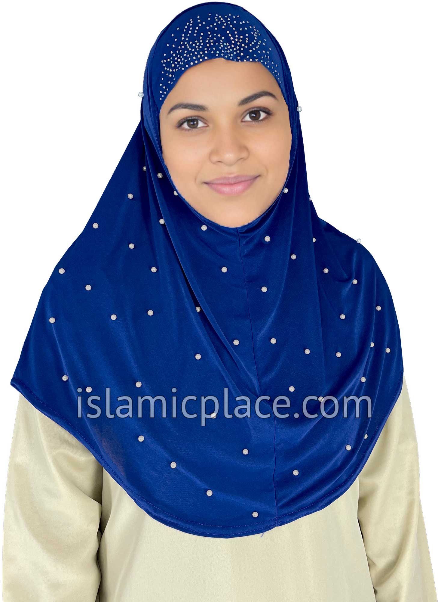 Royal Blue - Pearly with Rhinestones Teen to Adult (Large) Hijab Al-Amira (1-piece style) - Design 10