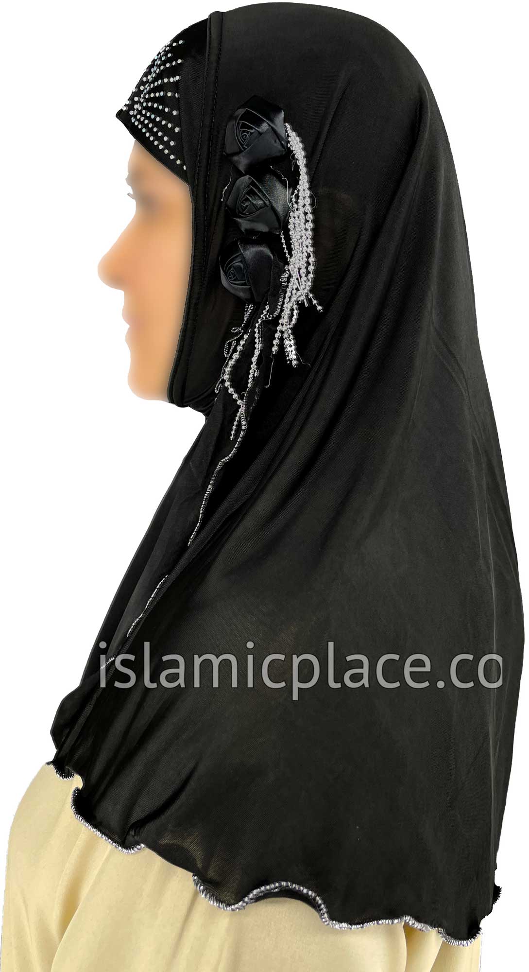 Black - Roses in a Row Teen to Adult (Large) Hijab Al-Amira (1-piece style) - Design 11