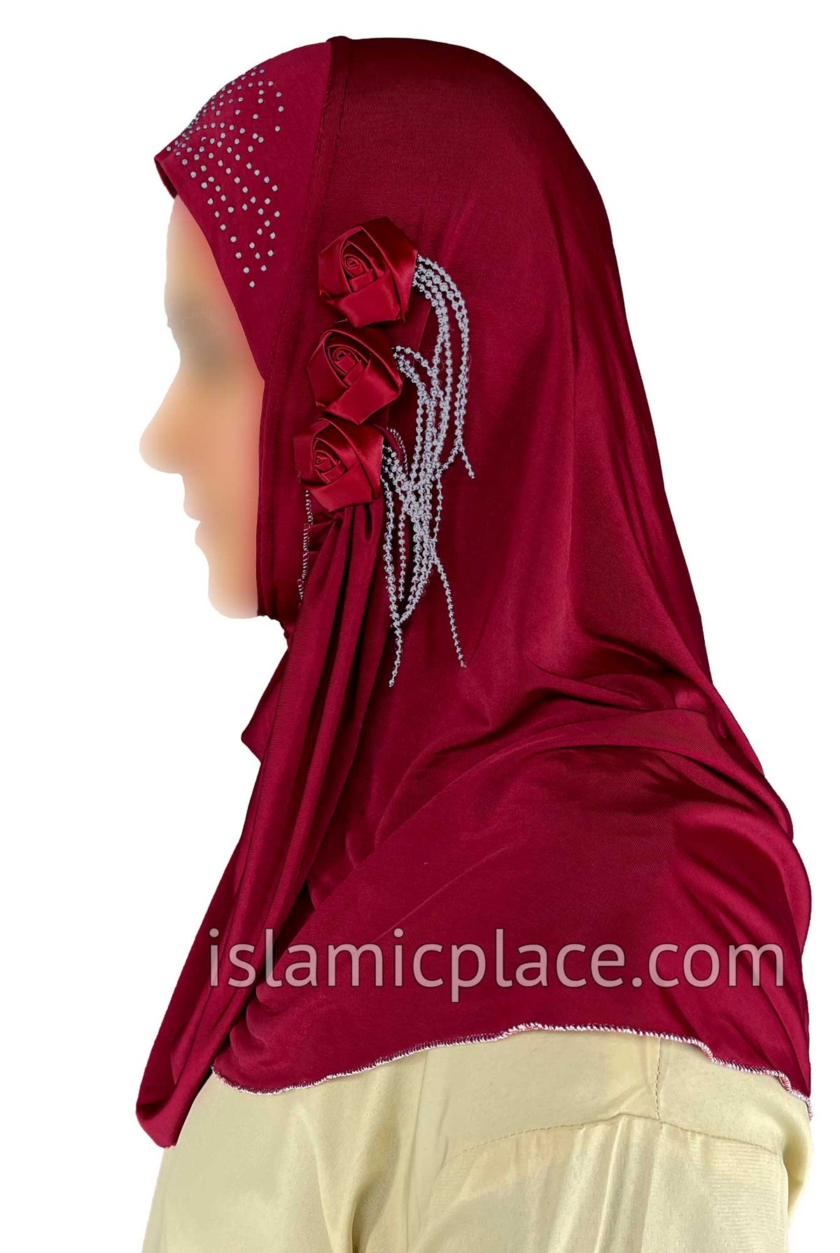 Burgundy - Roses in a Row Teen to Adult (Large) Hijab Al-Amira (1-piece style) - Design 11
