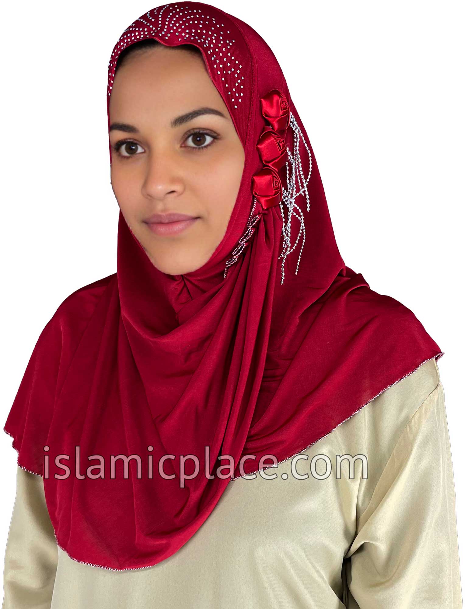 Burgundy - Roses in a Row Teen to Adult (Large) Hijab Al-Amira (1-piece style) - Design 11