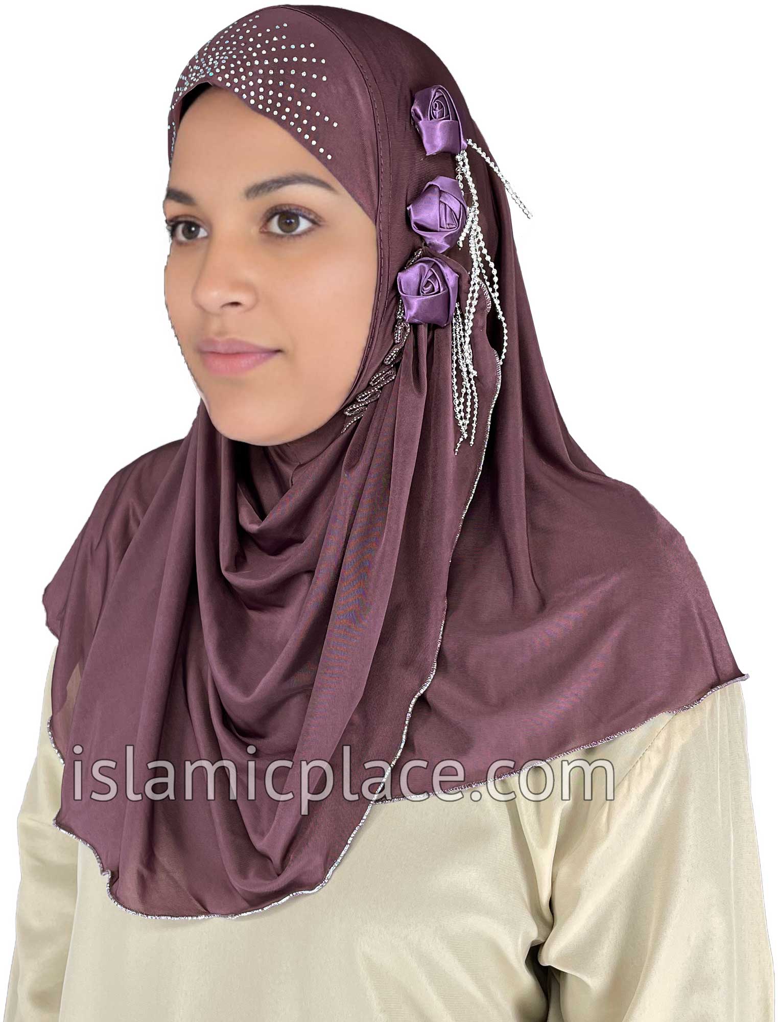 Dark Mauve - Roses in a Row Teen to Adult (Large) Hijab Al-Amira (1-piece style) - Design 11
