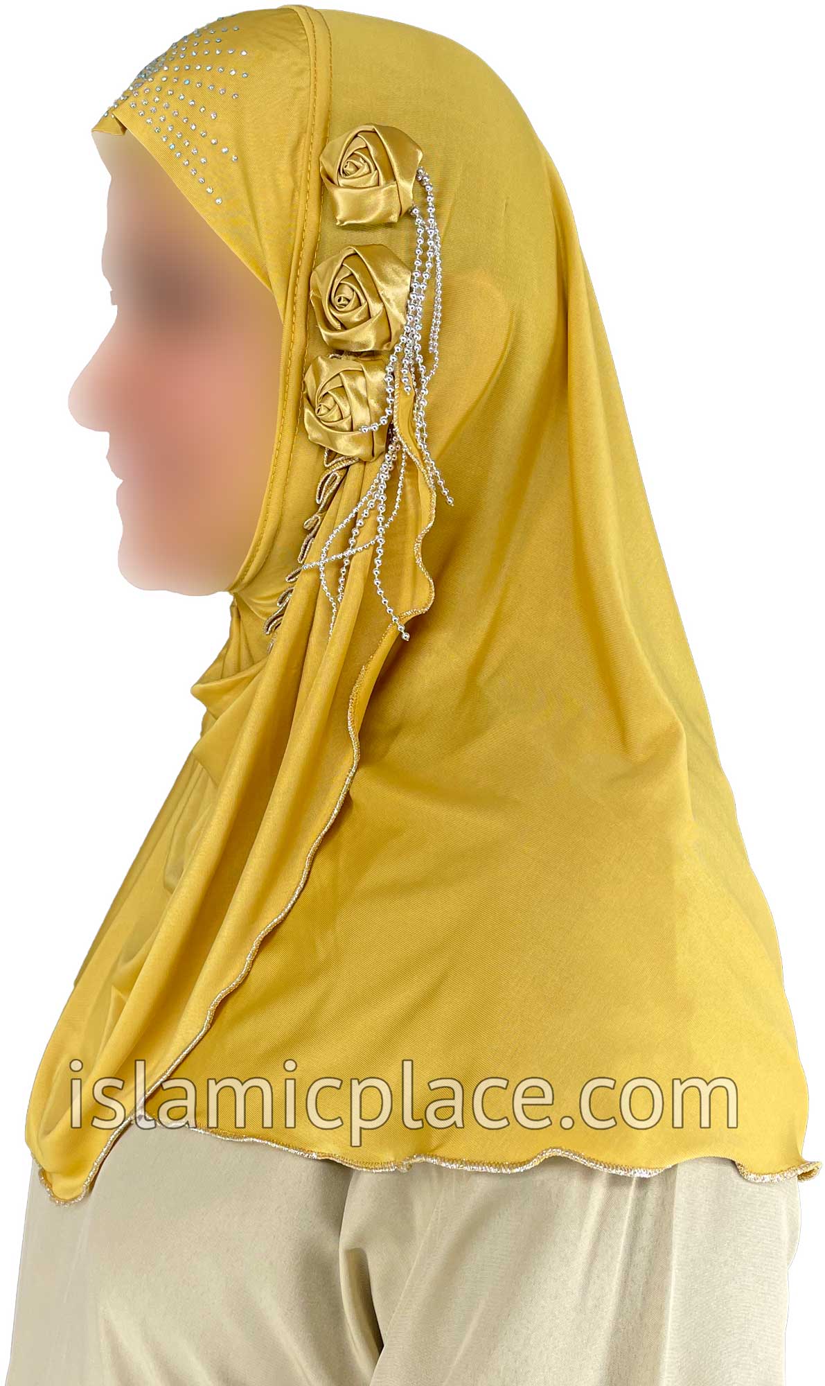 Gold - Roses in a Row Teen to Adult (Large) Hijab Al-Amira (1-piece style) - Design 11