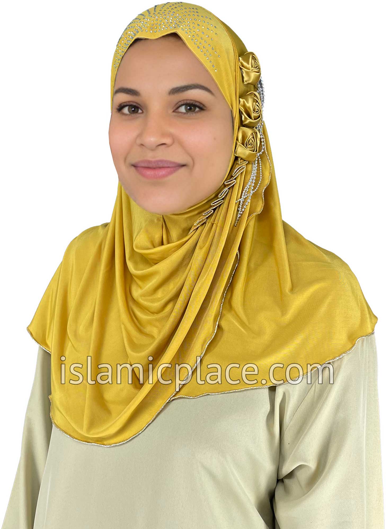 Gold - Roses in a Row Teen to Adult (Large) Hijab Al-Amira (1-piece style) - Design 11