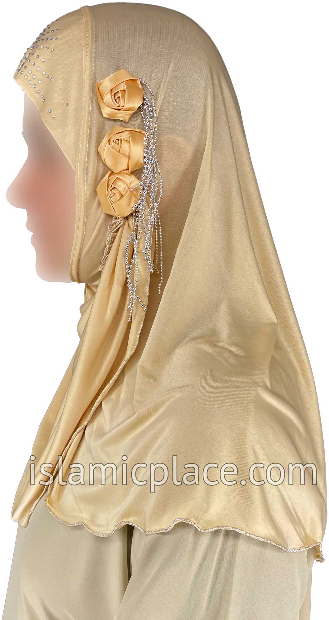 Oatmeal - Roses in a Row Teen to Adult (Large) Hijab Al-Amira (1-piece style) - Design 11