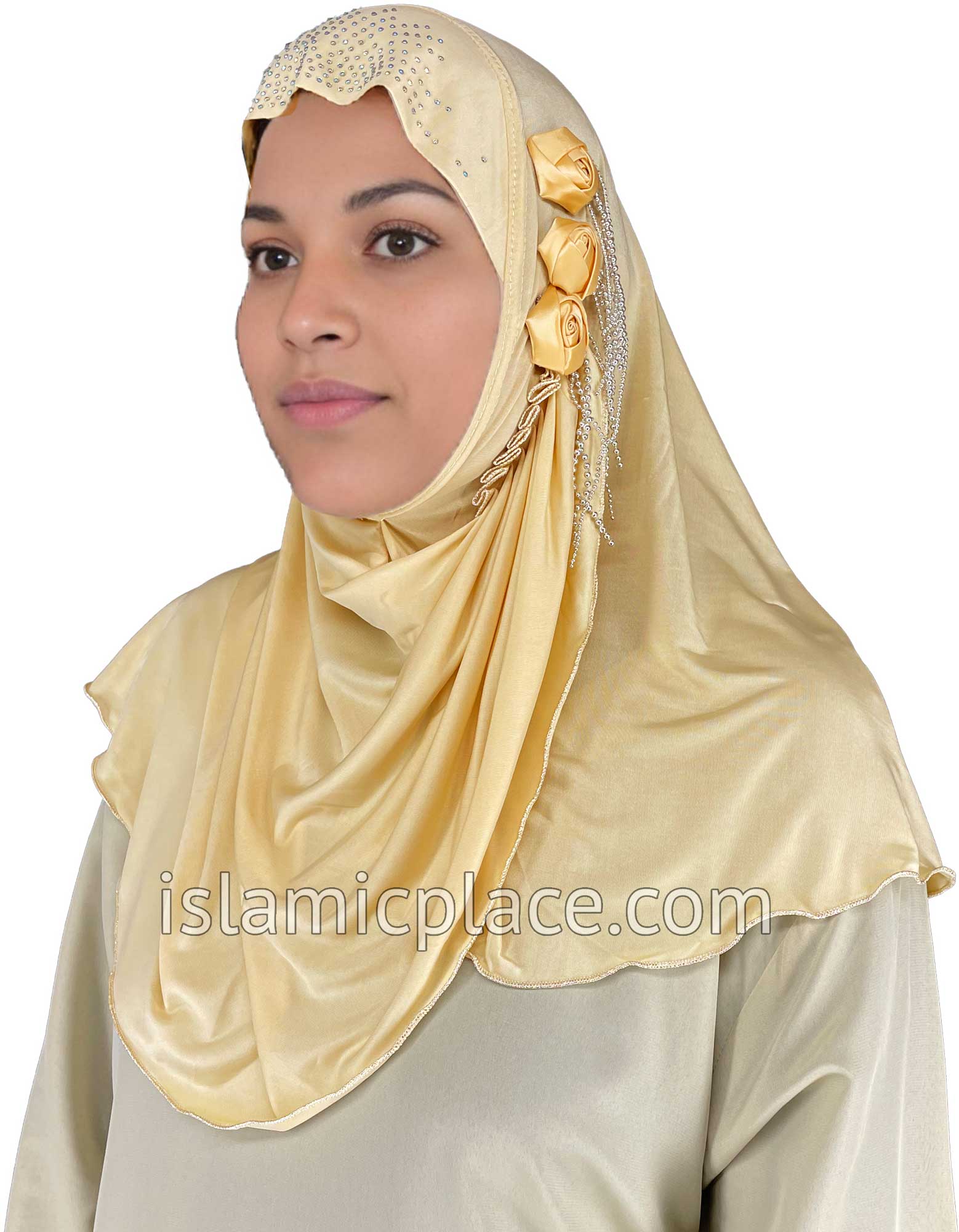 Oatmeal - Roses in a Row Teen to Adult (Large) Hijab Al-Amira (1-piece style) - Design 11