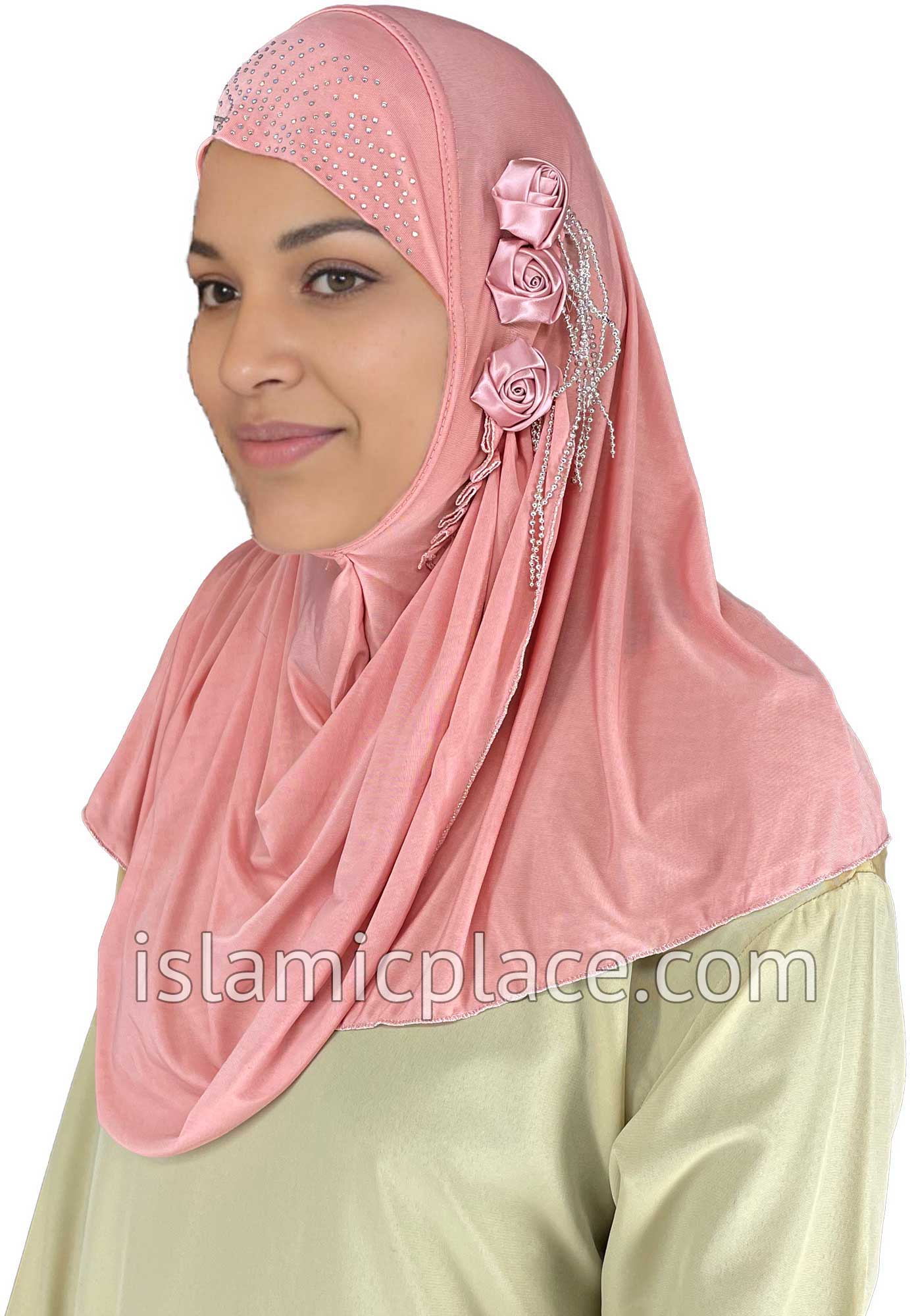 Rose Gold - Roses in a Row Teen to Adult (Large) Hijab Al-Amira (1-piece style) - Design 11