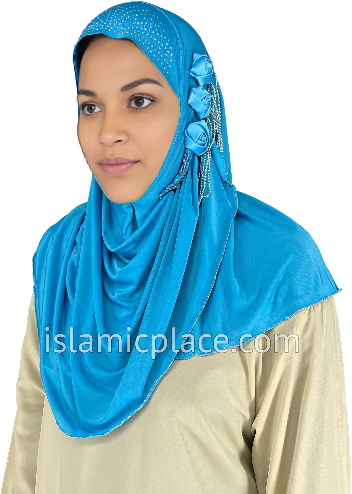 Teal Blue - Roses in a Row Teen to Adult (Large) Hijab Al-Amira (1-piece style) - Design 11