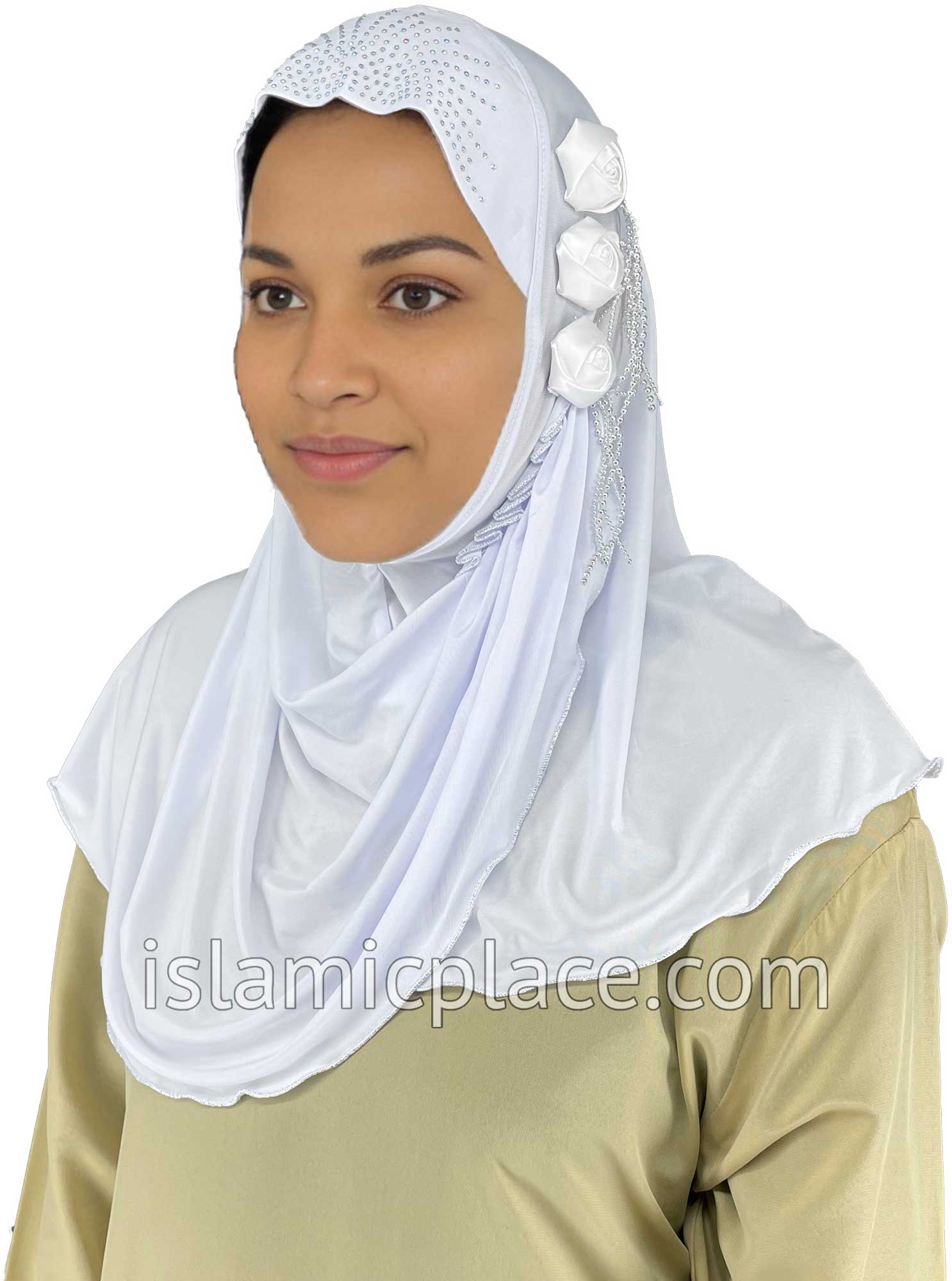 White - Roses in a Row Teen to Adult (Large) Hijab Al-Amira (1-piece style) - Design 11