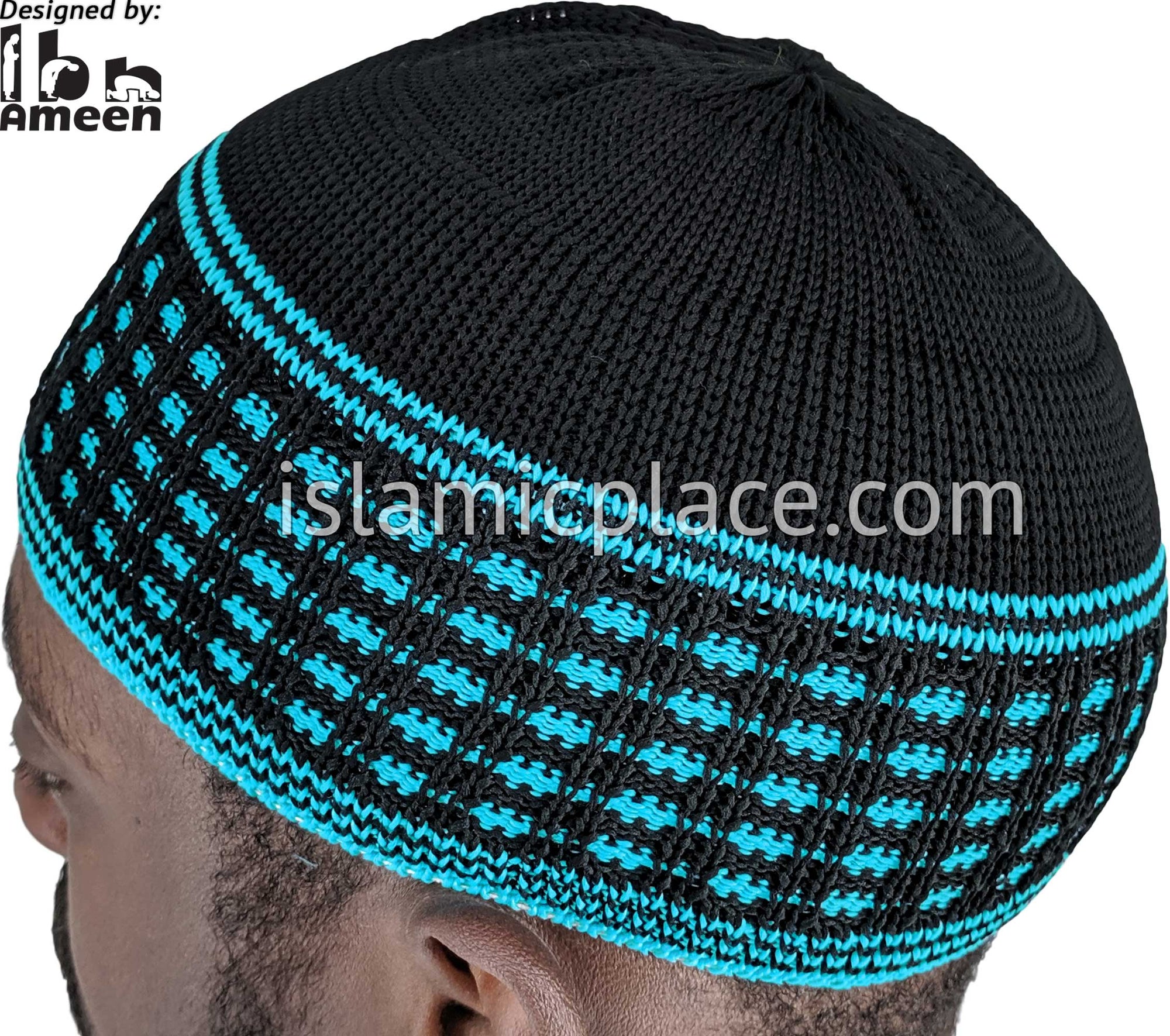 Black & Light Blue - Elastic Knitted Ameen Designer Kufi