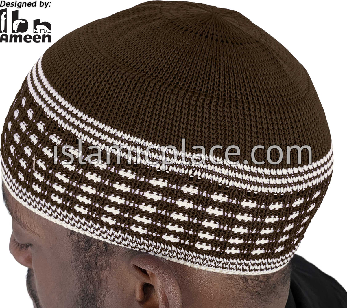 Brown &amp; White - Elastic Knitted Ameen Designer Kufi