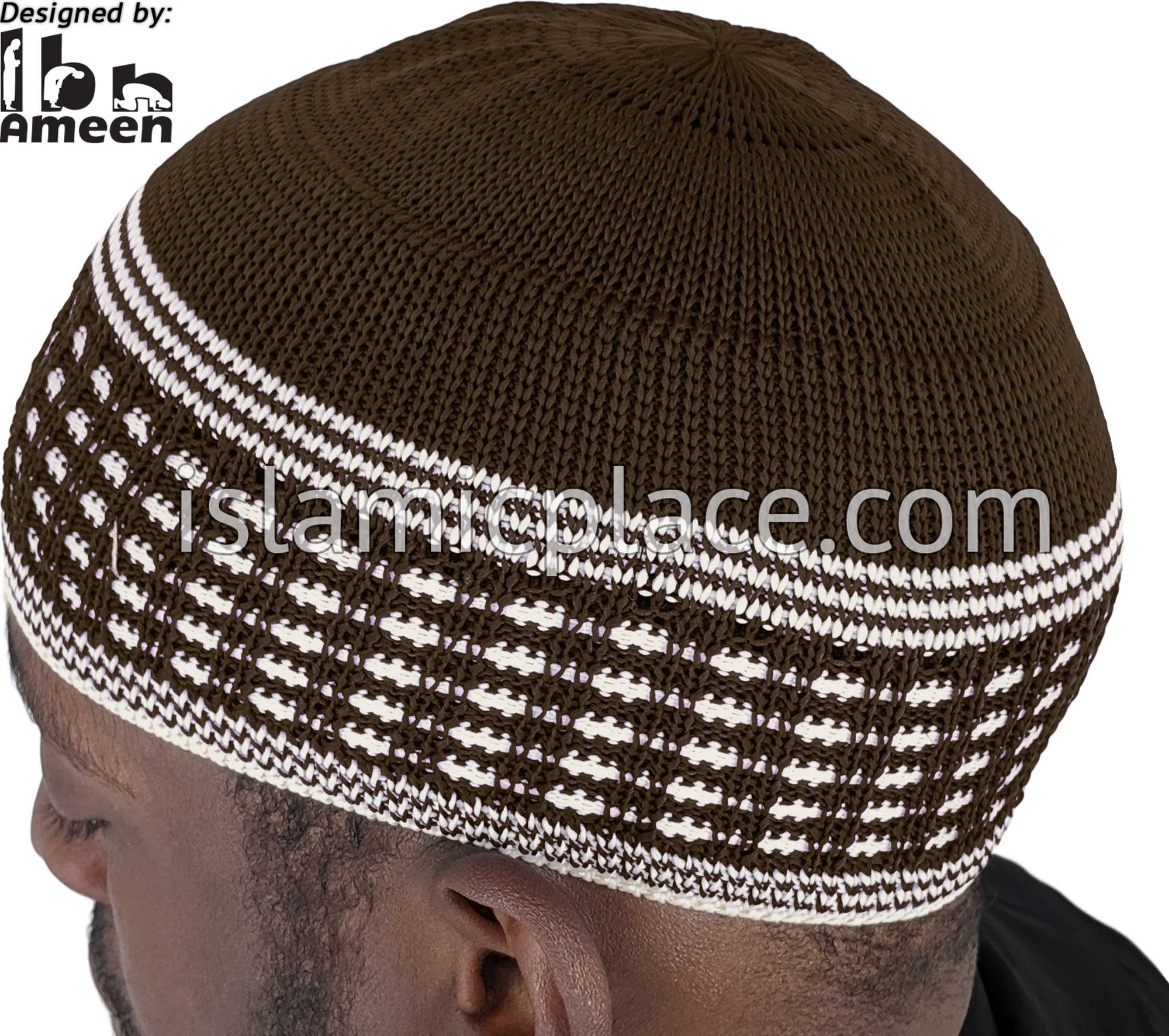 Brown & White - Elastic Knitted Ameen Designer Kufi
