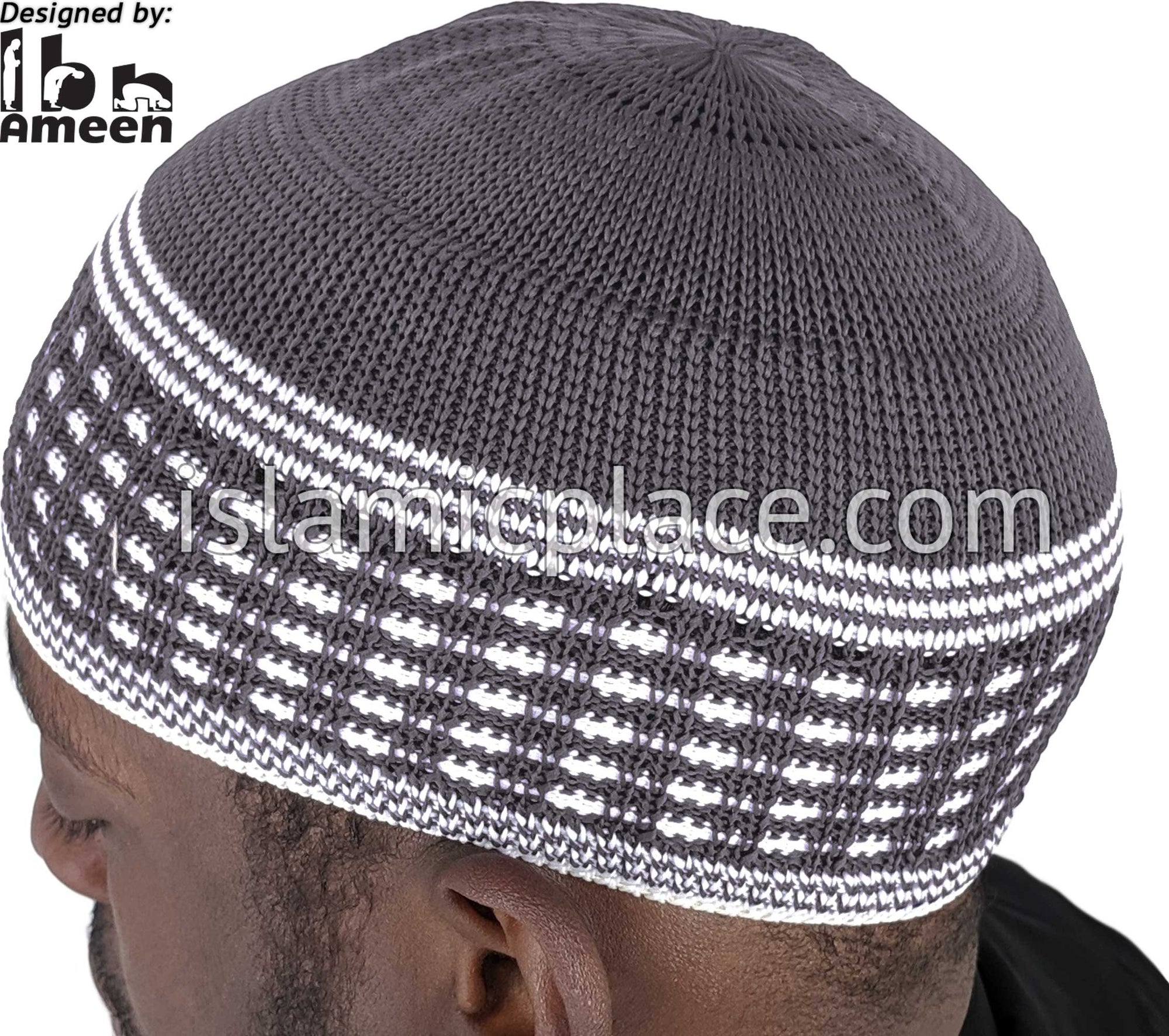 Charcoal Gray & White - Elastic Knitted Ameen Designer Kufi