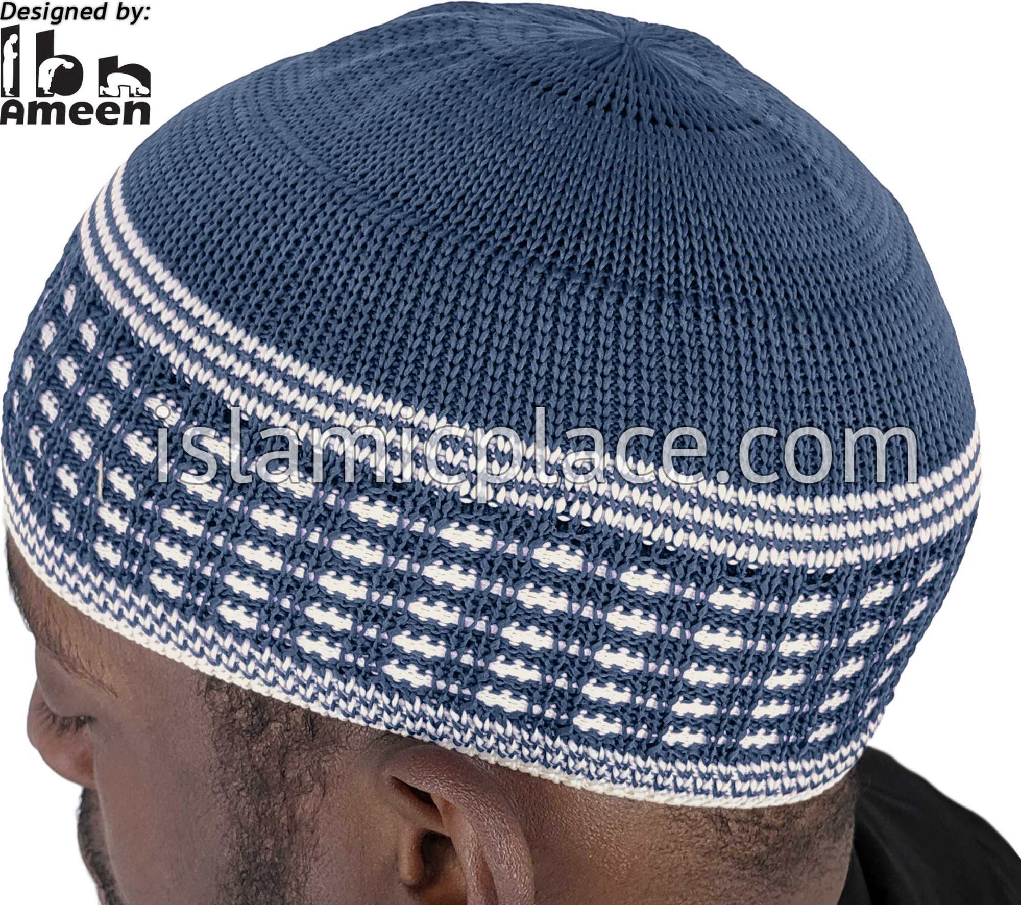 Denim Blue & White - Elastic Knitted Ameen Designer Kufi
