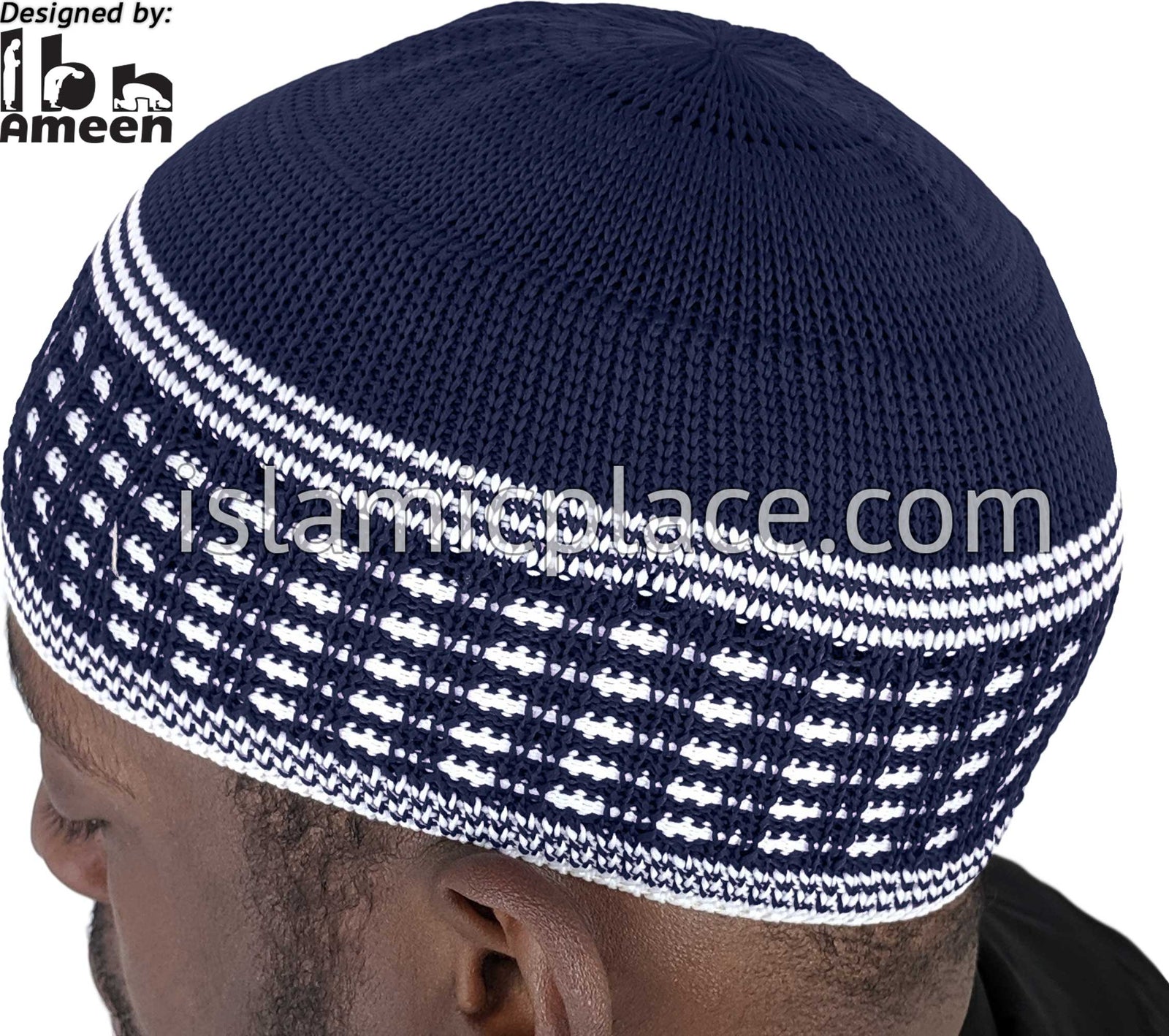 Navy Blue & White - Elastic Knitted Ameen Designer Kufi