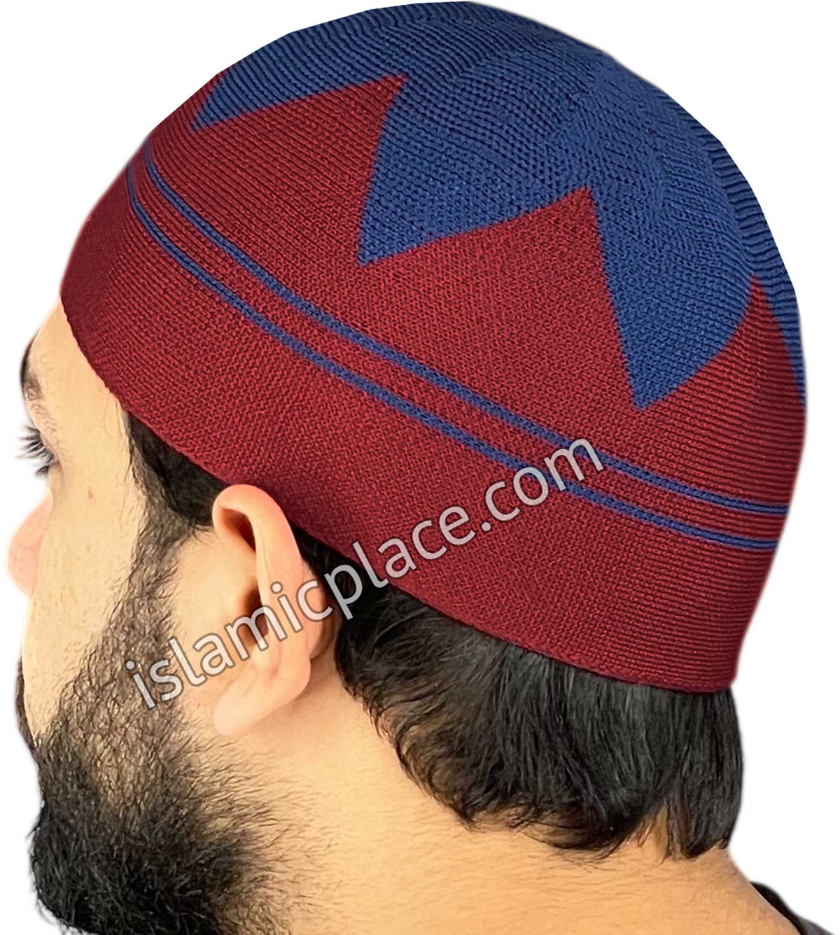 Burgundy and Navy - Elastic Knitted Safeer Designer Kufi