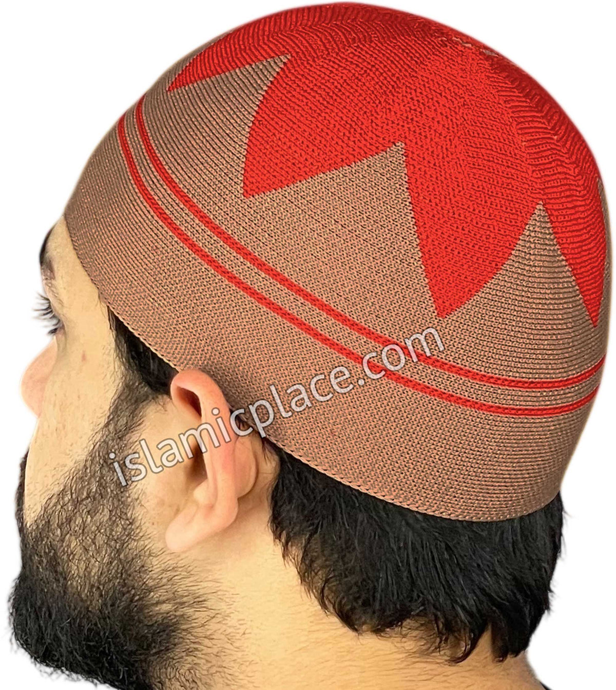 Khaki and Red - Elastic Knitted Safeer Designer Kufi