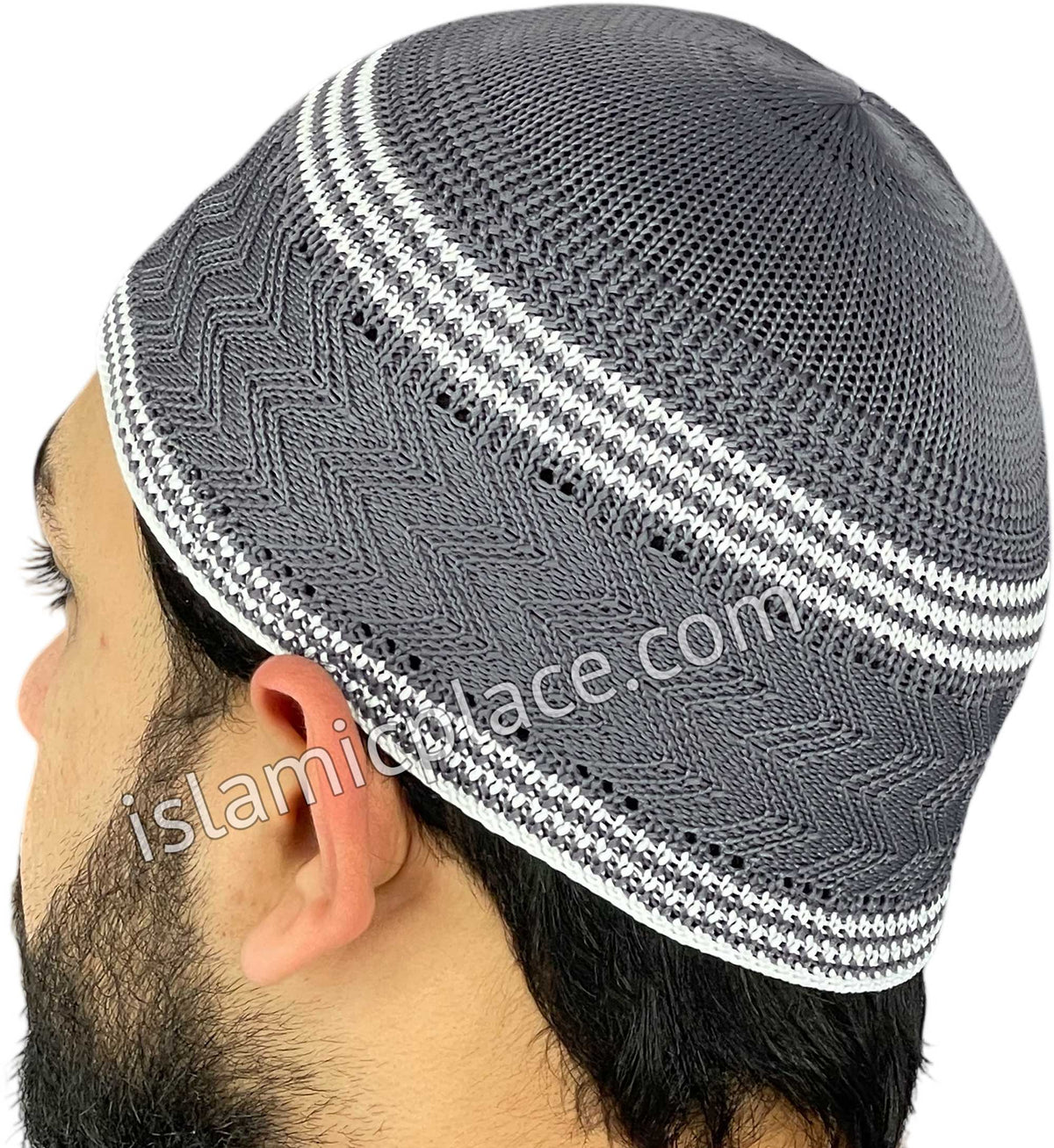 Charcoal and White - Elastic Knitted Ghani Designer Kufi