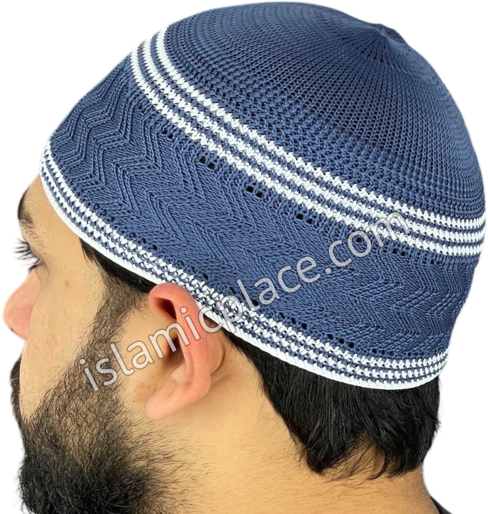 Denim Gray and White - Elastic Knitted Ghani Designer Kufi