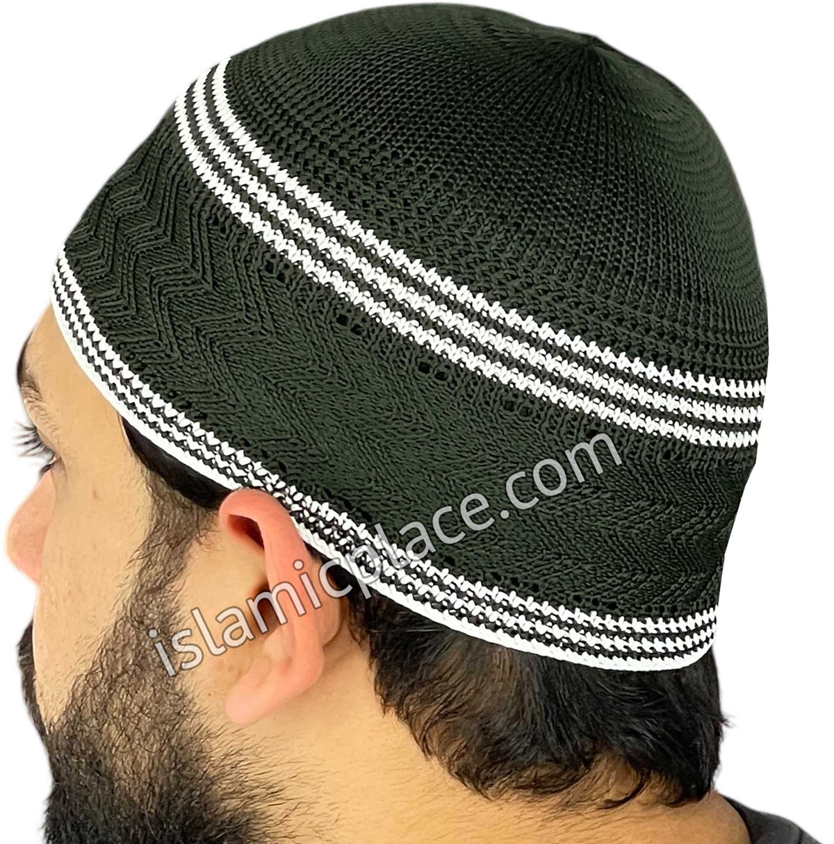 Olive Green and White - Elastic Knitted Ghani Designer Kufi