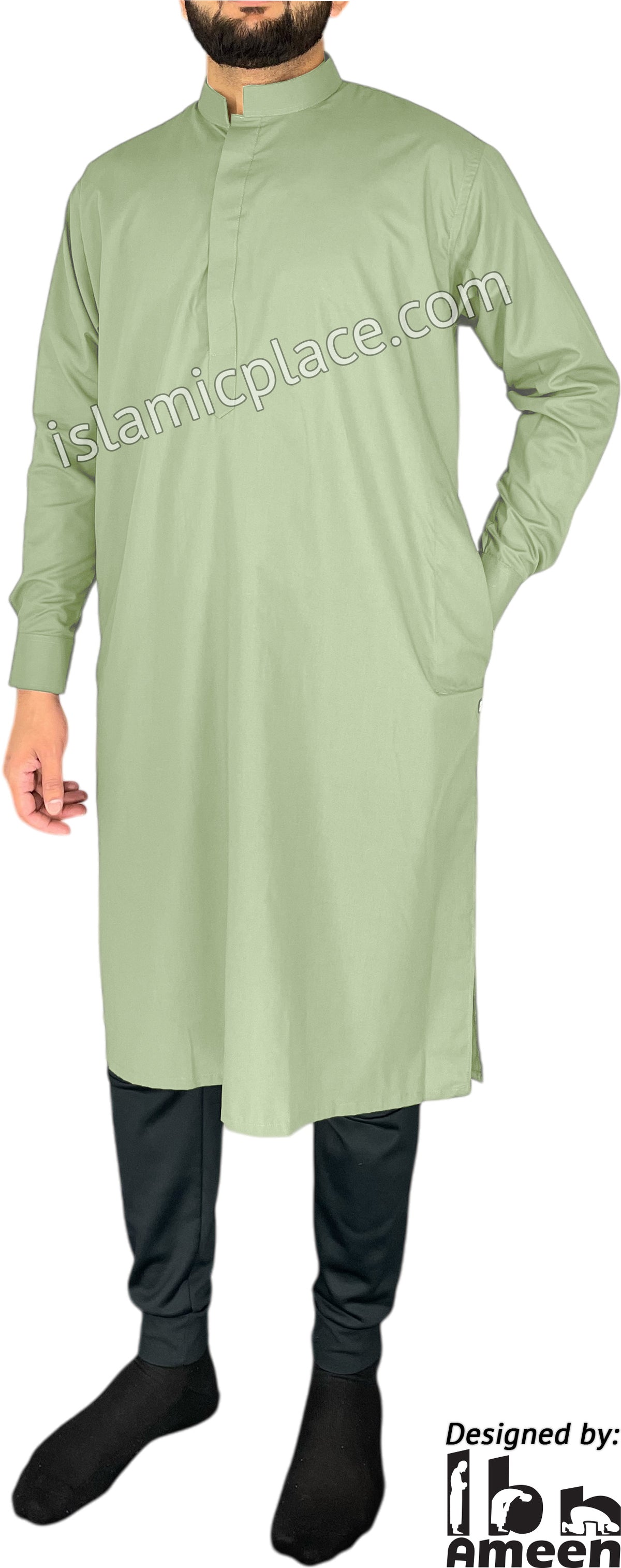 Mint Green - Men Saudi Ad-Daffah Plain Kameez by Ibn Ameen