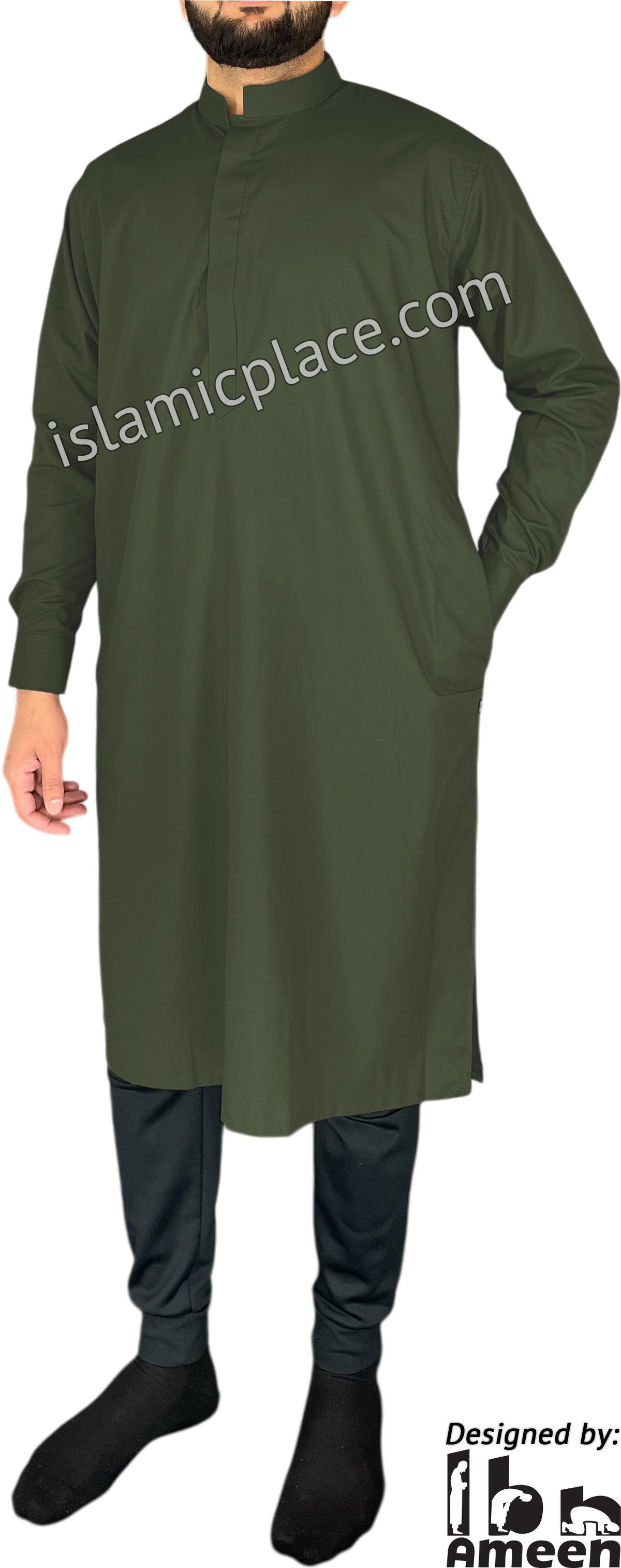 Olive Green - Men Saudi Ad-Daffah Plain Kameez by Ibn Ameen